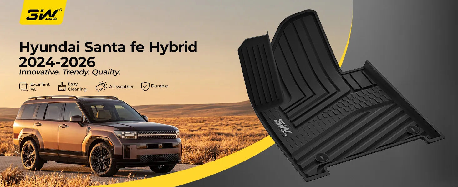 3W Auto-life promotional banner showing a black 2026 Hyundai Palisade Hybrid SUV parked on grass next to a custom-fit black all-weather 3D car floor mat. The text highlights product features including Excellent Fit, Easy Cleaning, All-weather, and Durable.