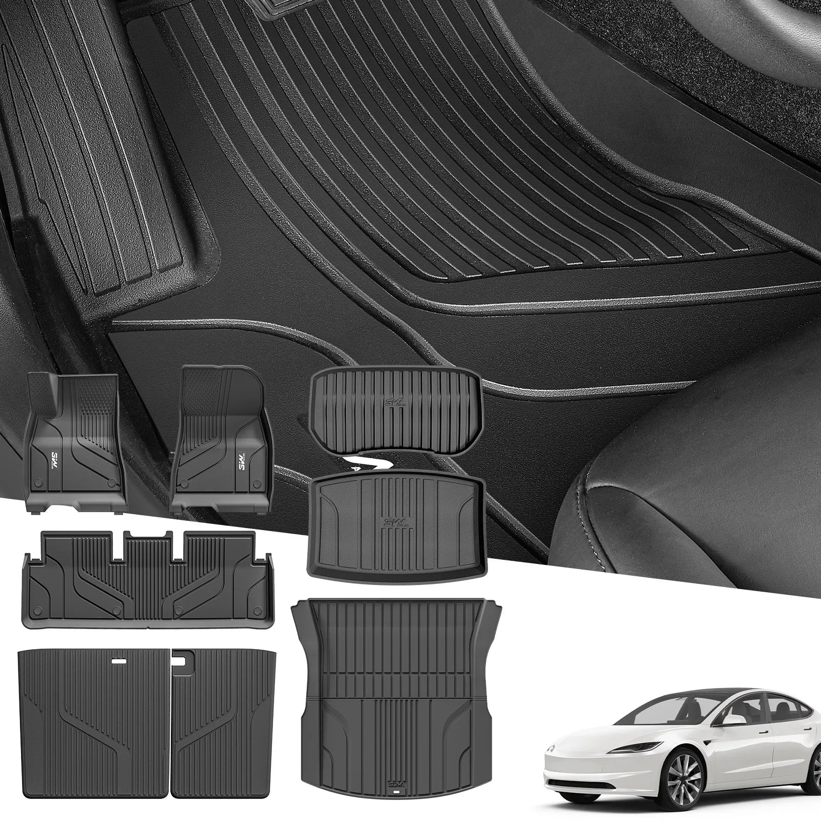 3W Tesla Model 3 2024 Highland New Generation Custom Floor Mats / Trunk Mats TPE Material & All-Weather Protection Vehicles & Parts 3Wliners 2024 2025 Model 3 Highland New Generation Full Set-8 PCS