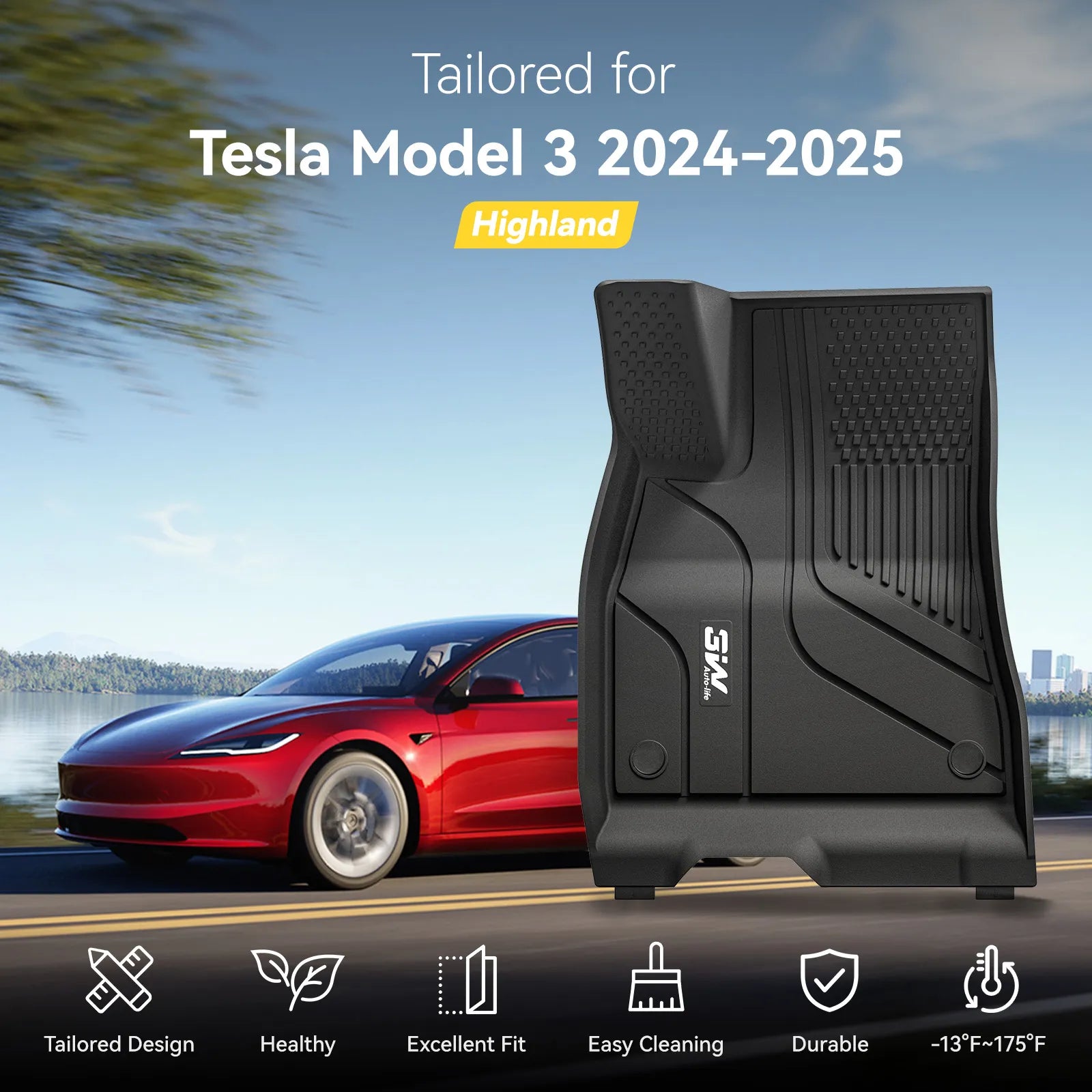 3W Tesla Model 3 2024-2025 Highland New Generation Custom Floor Mats / Trunk Mats Thorex™ All-Weather Protection - 3Wliners