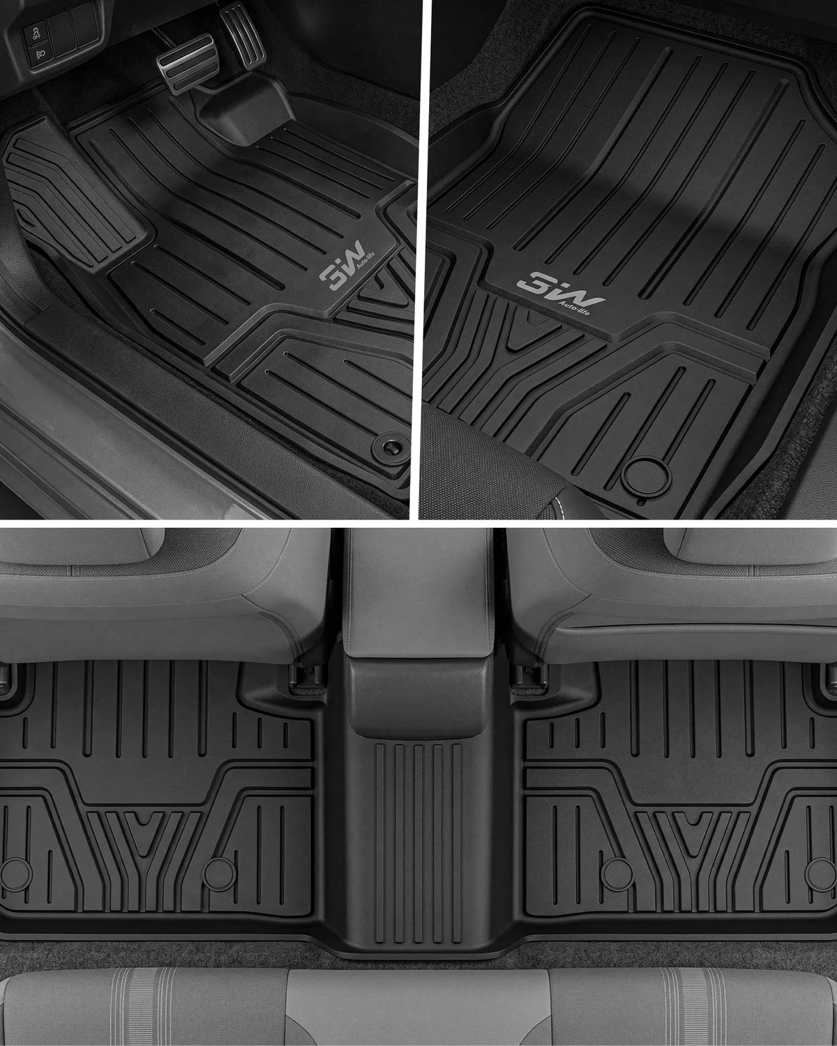 Full set of 3W black custom fit floor mats including driver passenger and 2nd row liner shown above white 2022-2027 Honda Civic Hybrid version