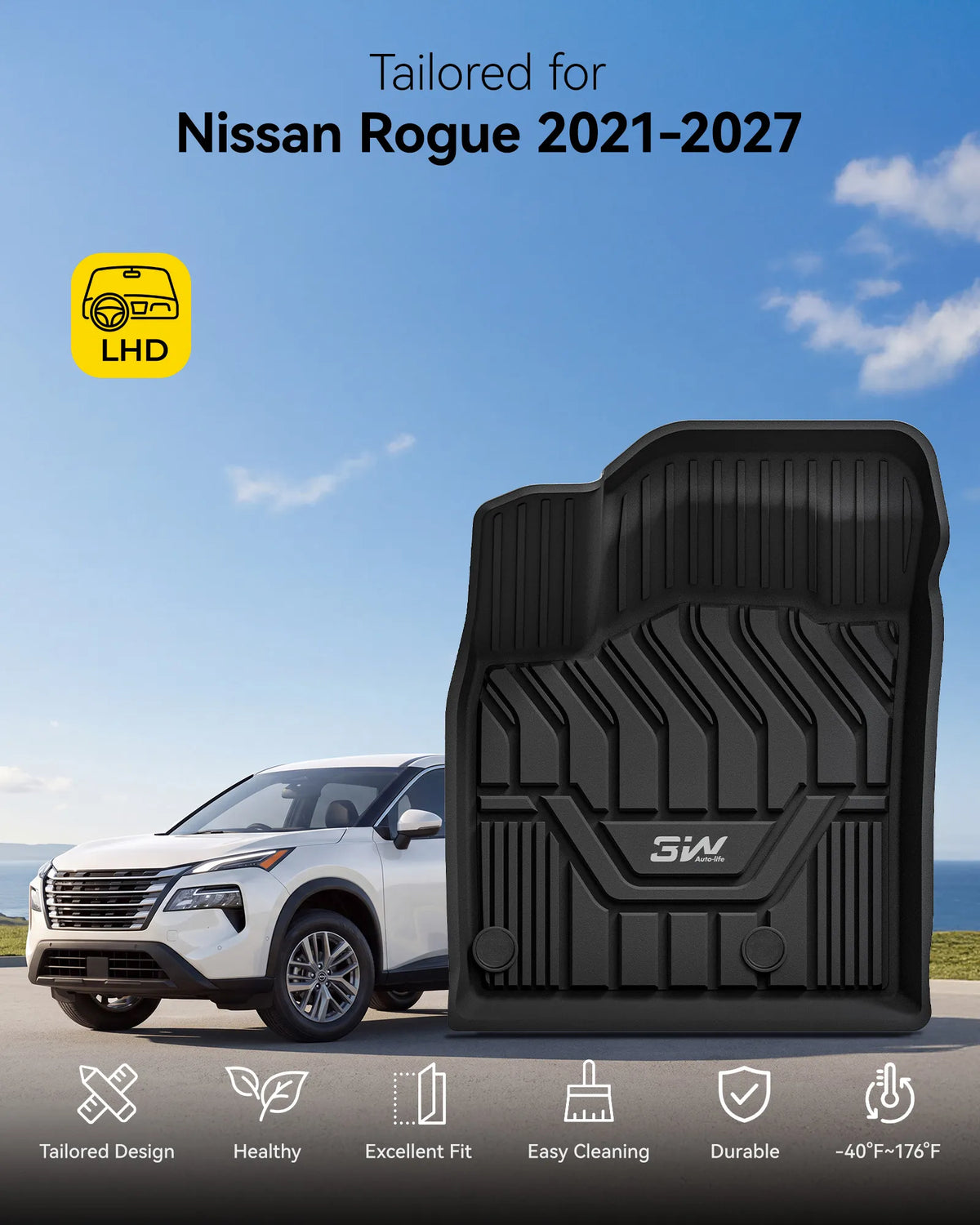 3W Nissan Rogue 2021-2027 (NOT for Sport) Custom Floor Mats TPE Material & All-Weather Protection Vehicles & Parts 3Wliners 2021-2025 Rogue 2021-2025 1st&2nd Rows + Trunk Mat