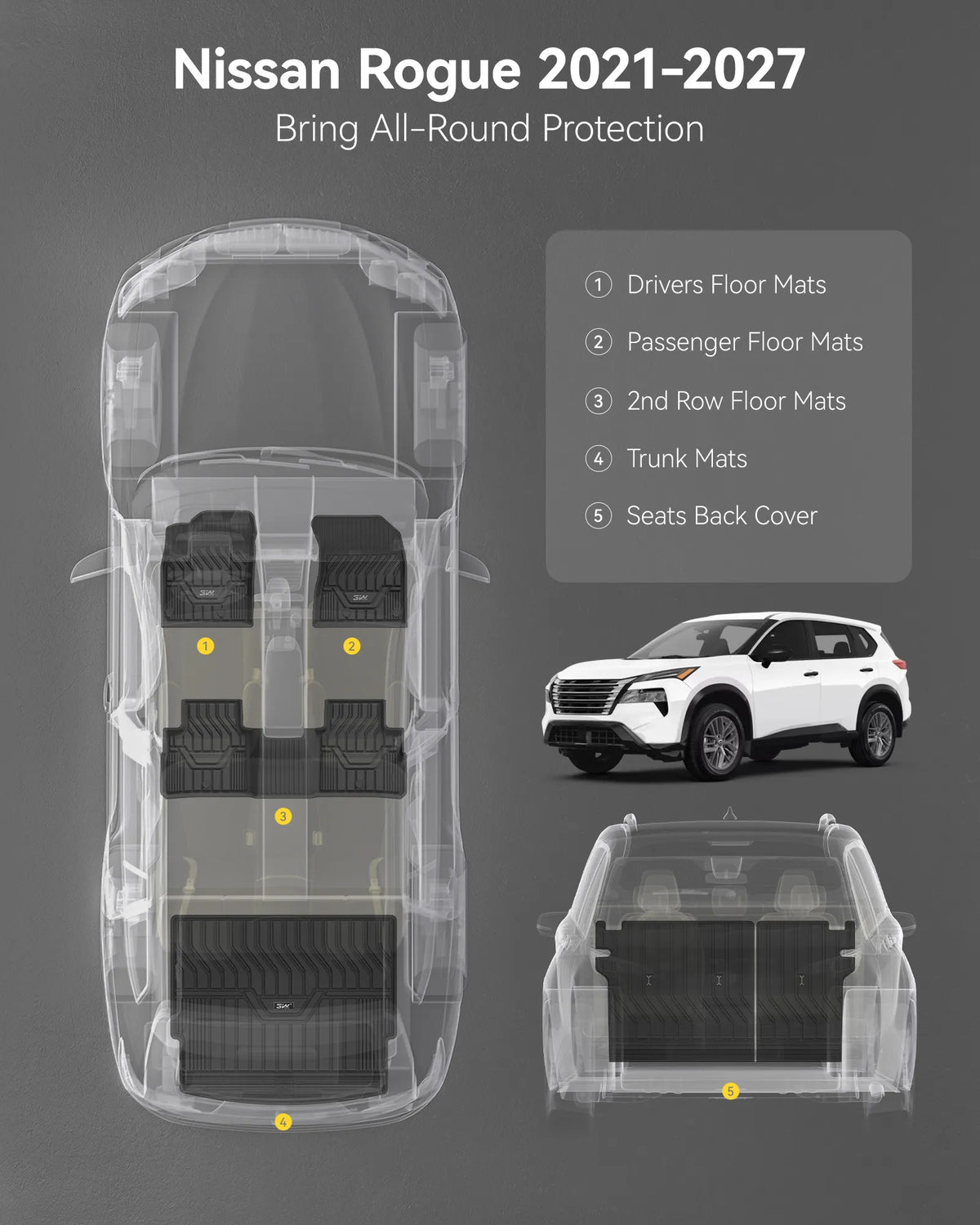 3W Nissan Rogue 2021-2027 (NOT for Sport) Custom Floor Mats TPE Material & All-Weather Protection Vehicles & Parts 3Wliners 2021-2025 Rogue 2021-2025 1st&2nd Rows + Trunk Mat