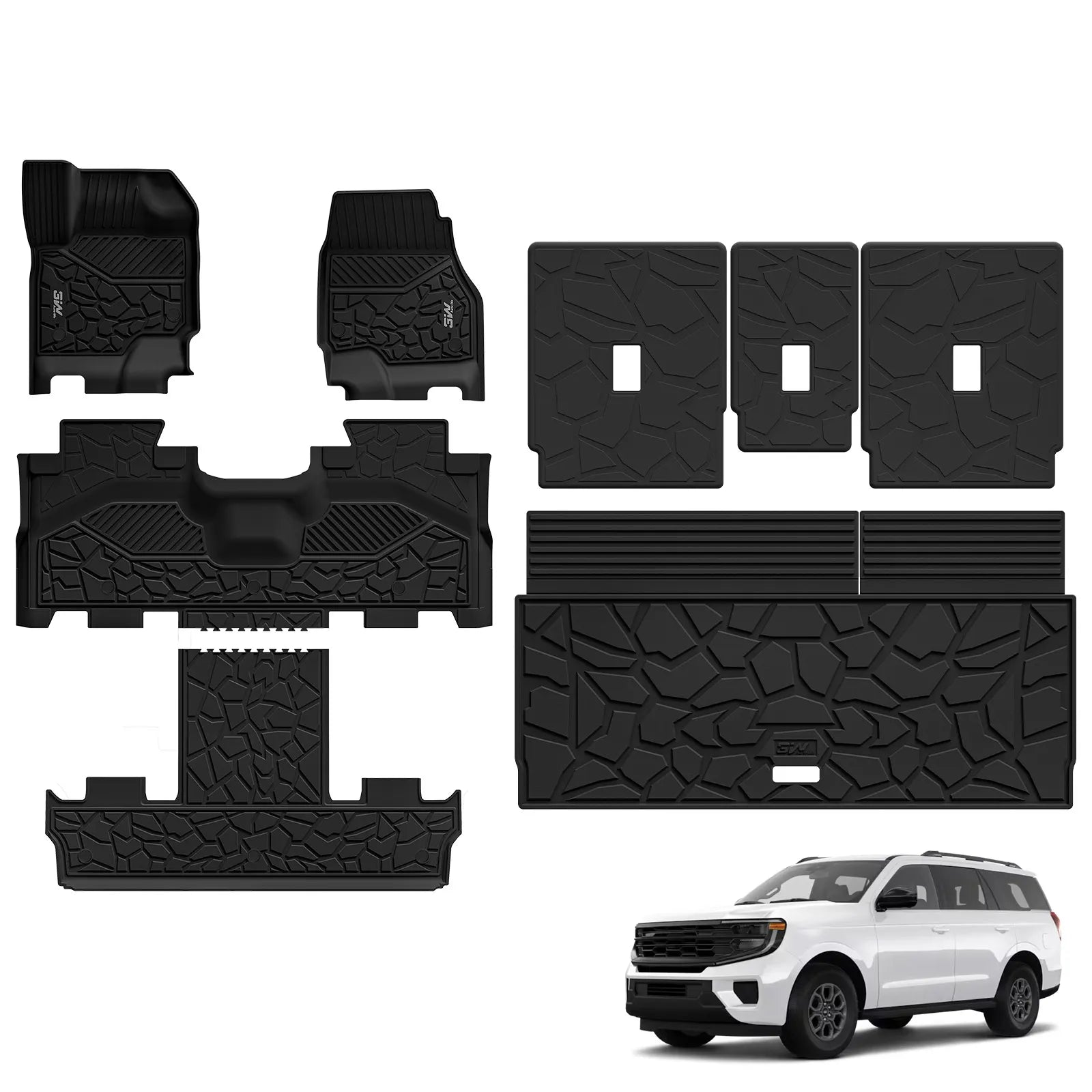 3W All-Weather Custom Fit Floor Mats for 2025-2026 Ford Expedition 7 Seats, Odorless TPE Heavy Duty Car Liners, Waterproof Anti-Slip Protection Full Set