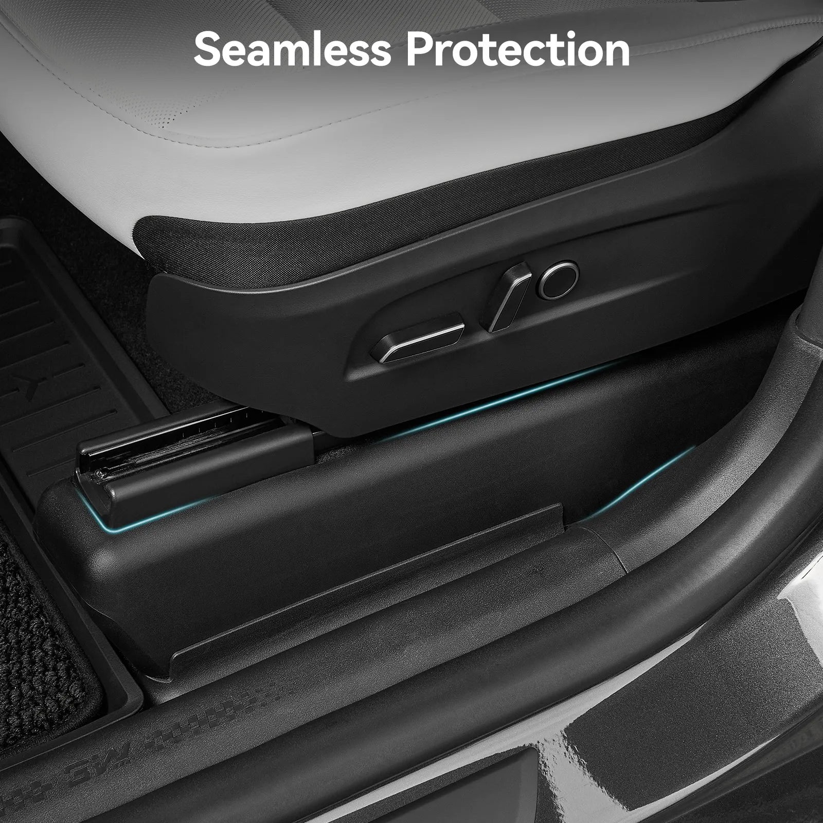 3W custom fit TPE anti-kick seat base corner protectors for 2025-2026 Tesla Model Y Juniper Premium (Long Range) models, showing perfect fit over the flocking area that protects the seat track side edges without blocking tracks.