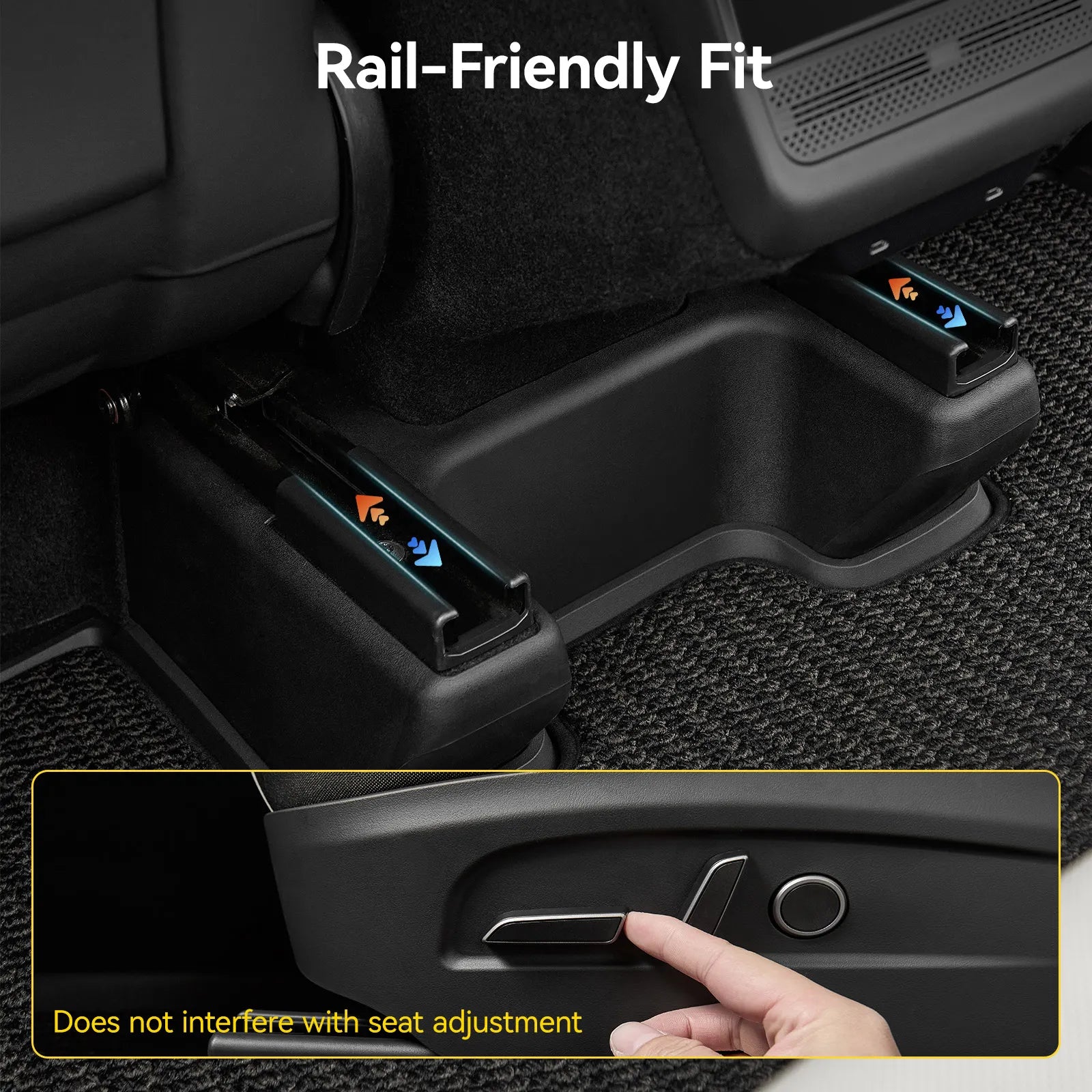 3W custom fit TPE anti-kick seat base corner protectors for 2025-2026 Tesla Model Y Juniper Premium (Long Range) models, showing perfect fit over the flocking area that protects the seat track side edges without blocking tracks.