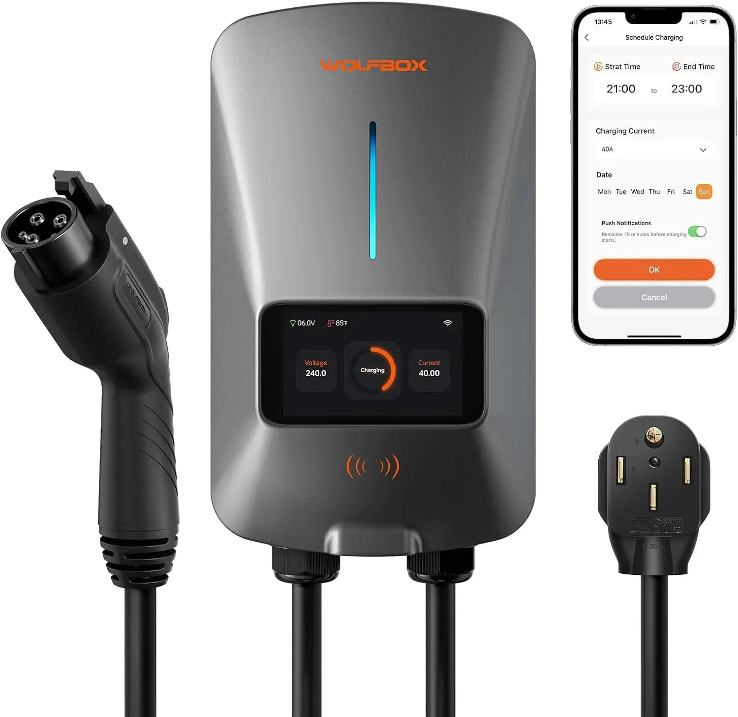 WOLFBOX Level 2 EV Charger 40 Amp with WiFi and Bluetooth WOLFBOX NEMA 14-50 Plug; 40 Amp; Easier Installation