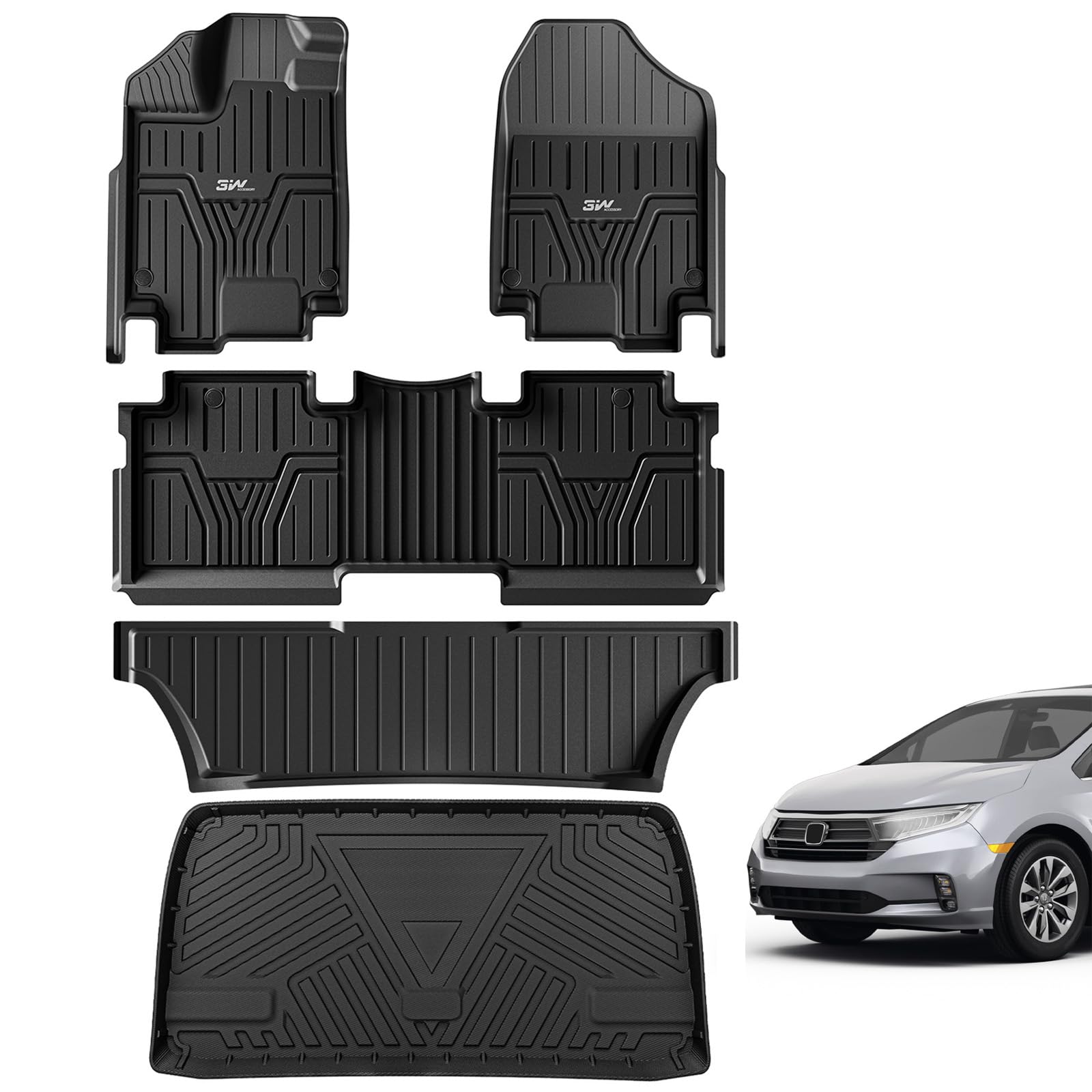 3W Honda Odyssey 2018-2024 Custom Floor Mats / Trunk Mat TPE Material & All-Weather Protection, 2018-2024 / Odyssey 2018-2024 / 1st&2nd&3rd Row+Trunk