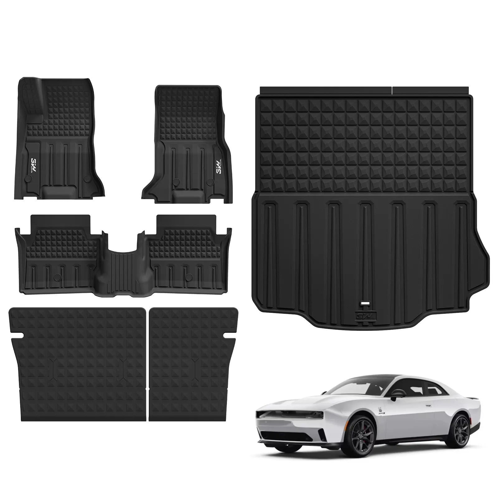 3W Floor Mats & Cargo Liner & Seatback Mats for 2024-2025 2026 Dodge Charger EV Daytona (Fit 2-Door, Not for 4-Door) Scat Pack & R/T, All Weather TPE Custom Fit Car Mats Floor Liners Full Set, Black