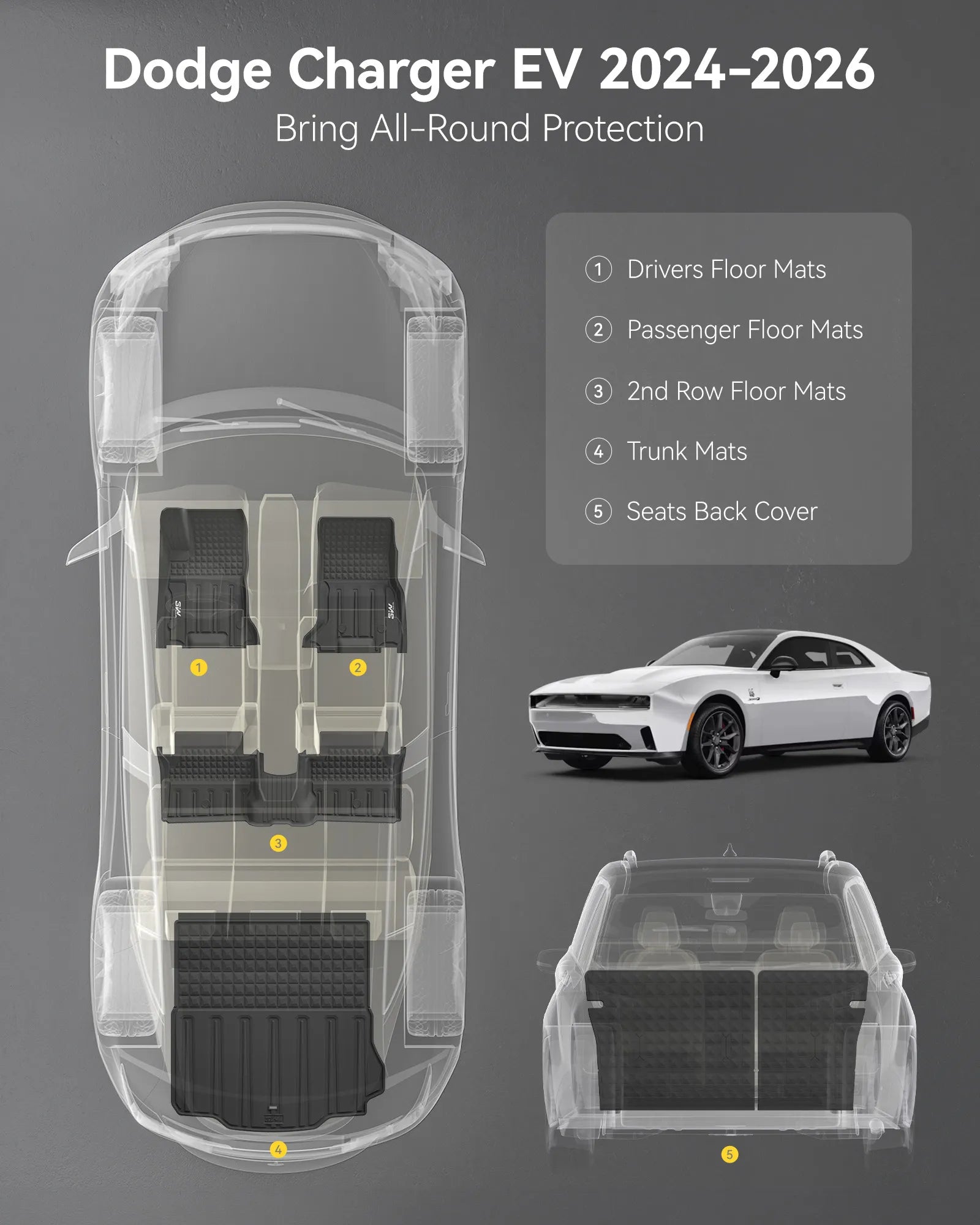 3W Floor Mats & Cargo Liner & Seatback Mats for 2024-2025 2026 Dodge Charger EV Daytona (Fit 2-Door, Not for 4-Door) Scat Pack & R/T, All Weather TPE Custom Fit Car Mats Floor Liners Full Set, Black