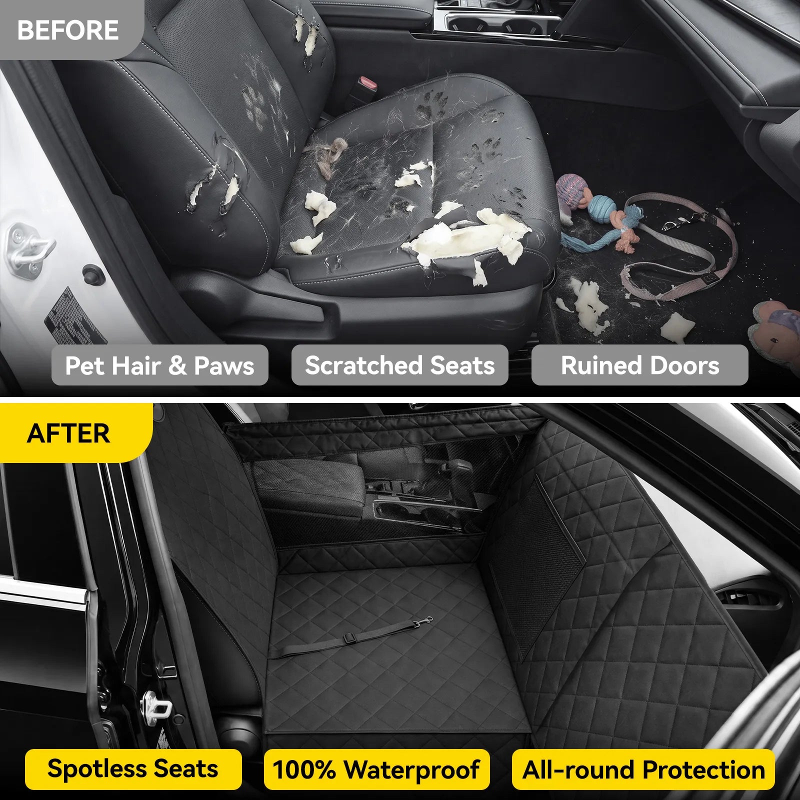 Front Seat Dog Car Seat with Safety Buckle Detachable & Waterproof Car Door Full Protection Pet Scratch-Proof Black Passenger Seats Cover Protector for SUV Trucks