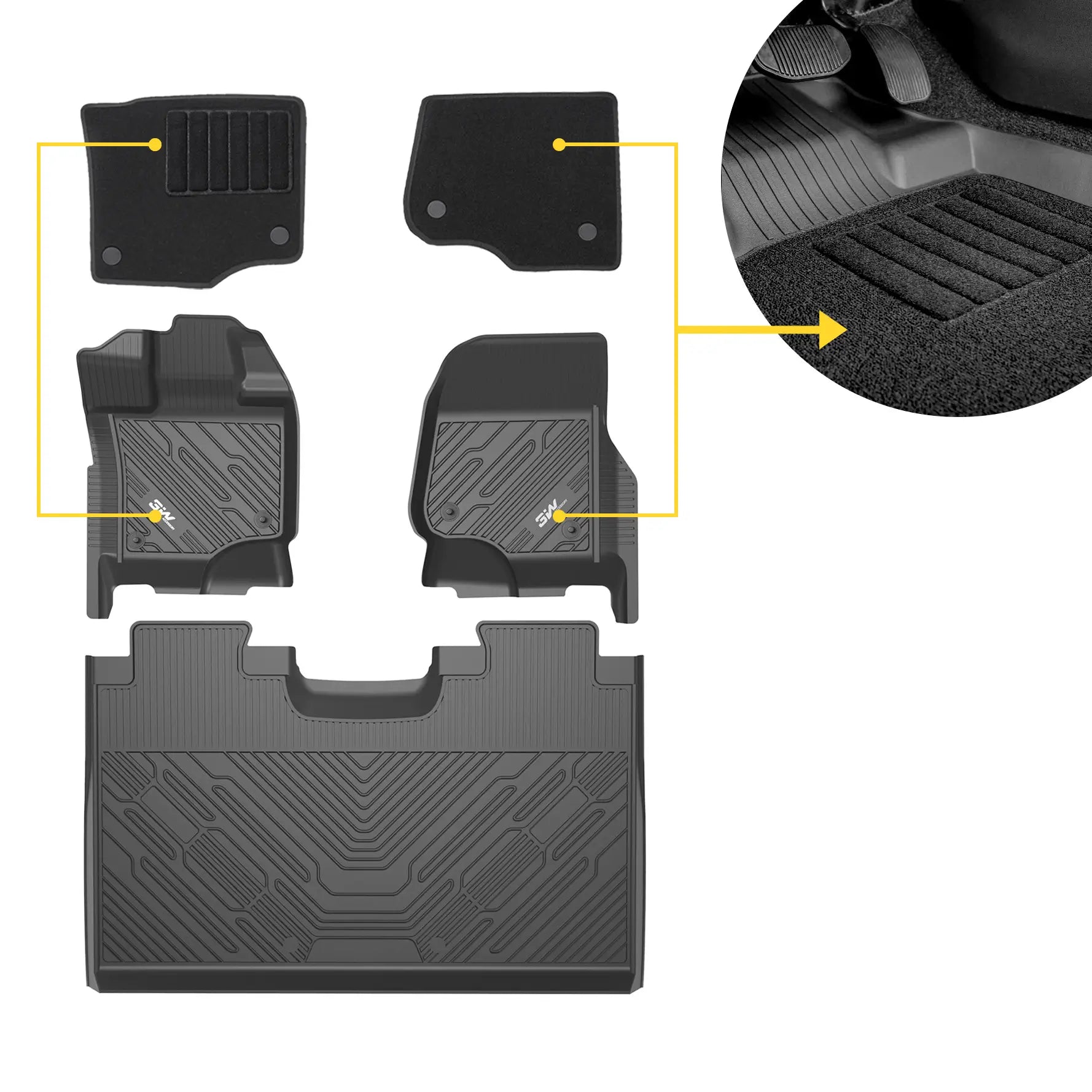 3W All-Weather Floor Mats Fit Ford F150 / F-150 Lightning SuperCrew Cab 2015-2025 (without Original Folding Under-Seat Storage Box) - 3Wliners