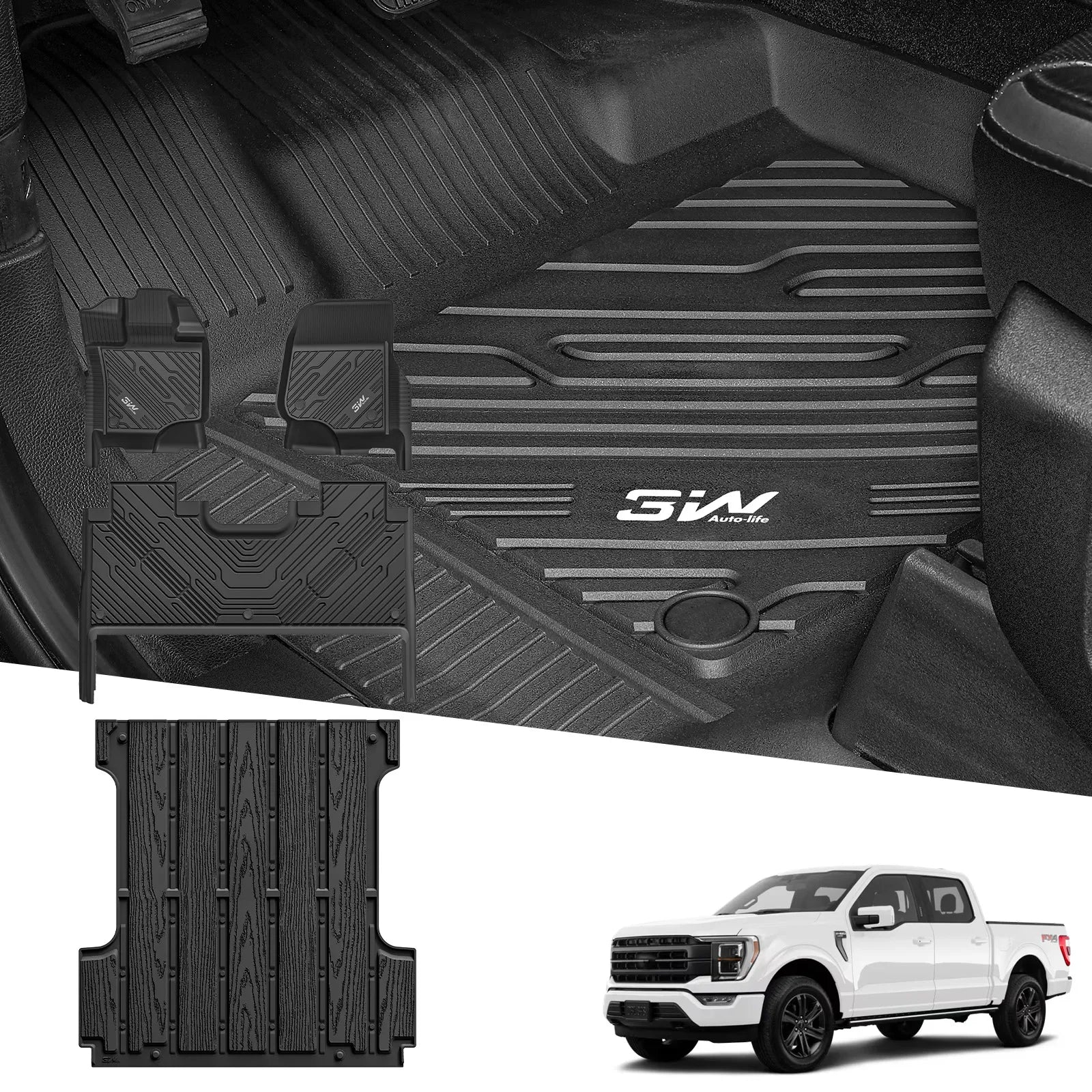 3W All-Weather Floor Mats Bed Mats Set Fit Ford F150 / F-150 Lightning SuperCrew Cab 2015-2025 (with Original Folding Under-Seat Storage Box) - 3Wliners