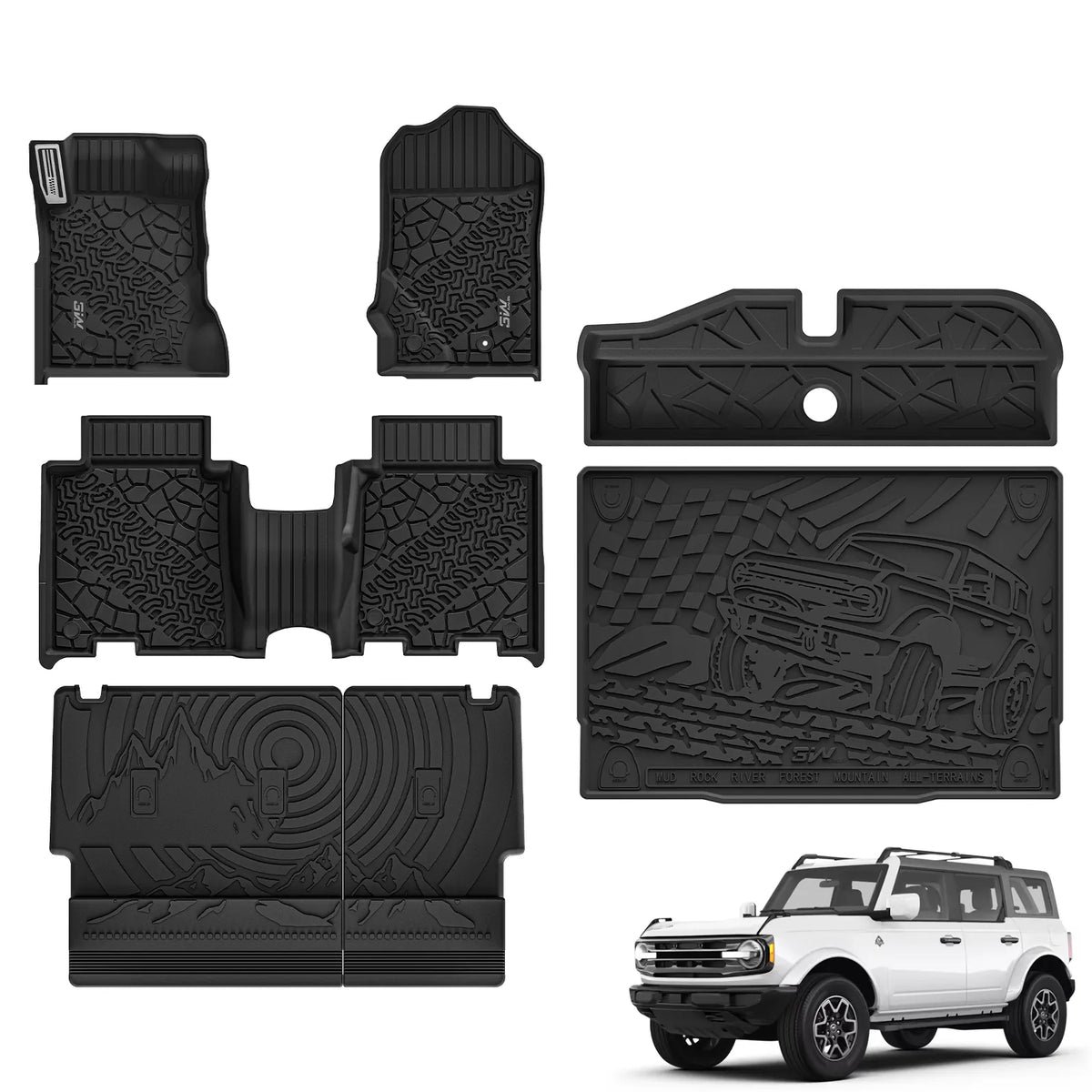 3W Floor Mats with Metal Pedal for 2021-2025 2026 Ford Bronco 4-Door
Full Protection include underfloor storage mat,All Weather TPE Custom Fit Bronco Floor Liners Cargo Liner Seat Back Protector Set