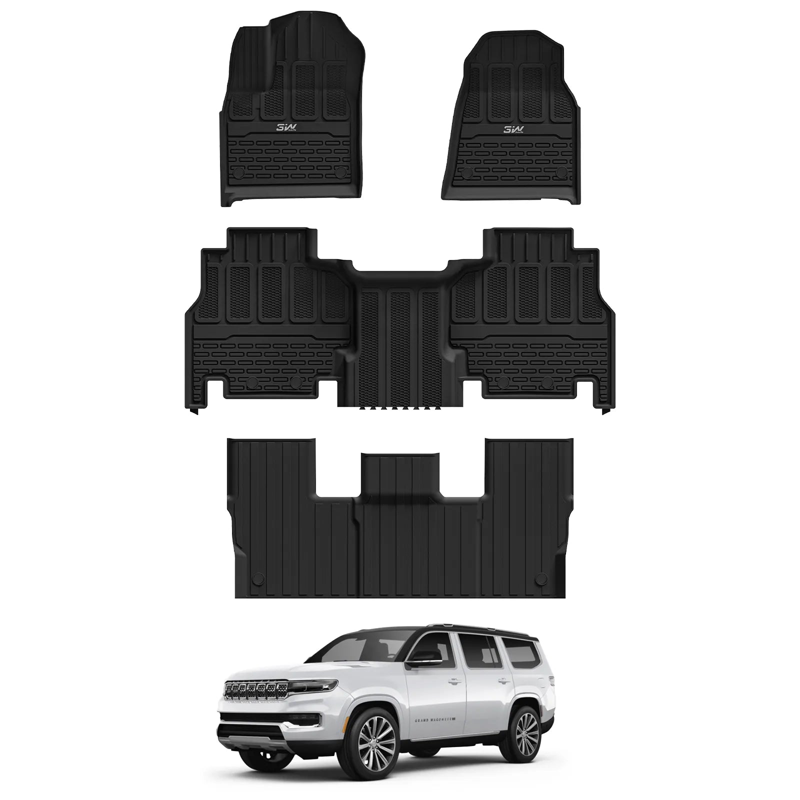 3W Floor Mats Fit for Jeep Grand Wagoneer/Grand Wagoneer L 2022-2025 2026 8 seat (Not Fit for 7 seat), All Weather TPE Floor Liner for 1-3 Rows Full Set Car Mats Black