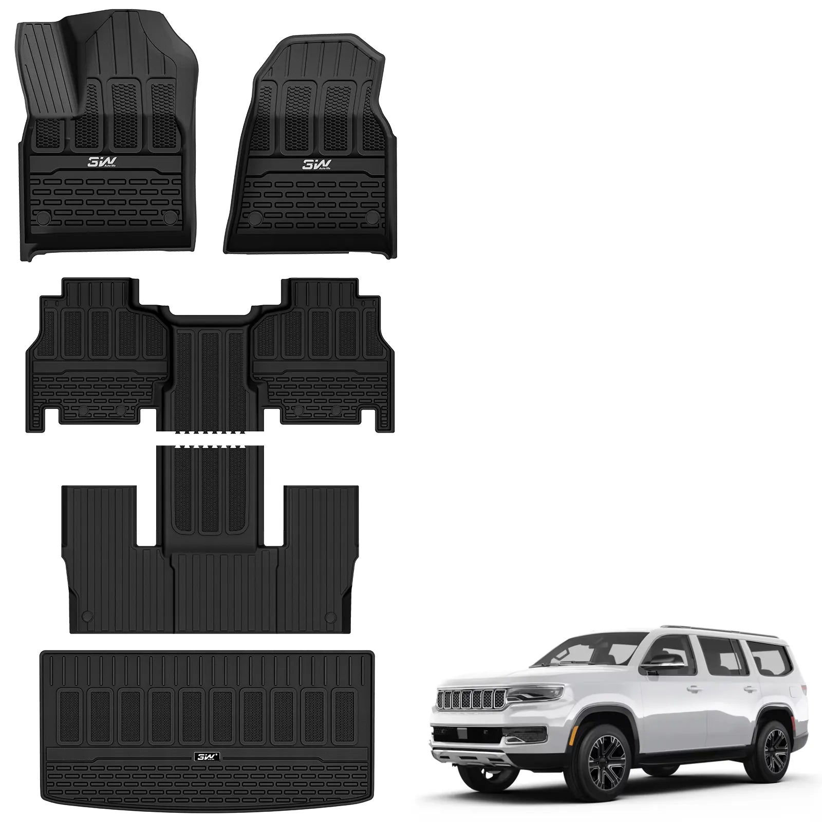 3W Floor Mats & Cargo Liner for Jeep Wagoneer 2022-2026 7-Seat (NOT for 8-Seat/L/S), with 2nd Row Bench Seat All Weather Protection TPE Full Set Automotive Mat Car Floor Liners Accessories, Black