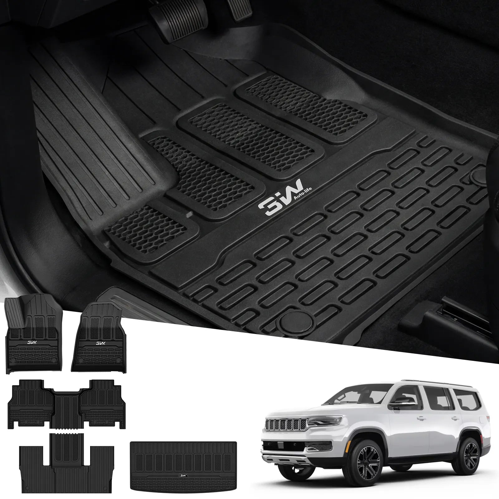 3W Floor Mats & Cargo Liner for Jeep Wagoneer 2022-2026 7-Seat (NOT for 8-Seat/L/S), with 2nd Row Bench Seat All Weather Protection TPE Full Set Automotive Mat Car Floor Liners Accessories, Black