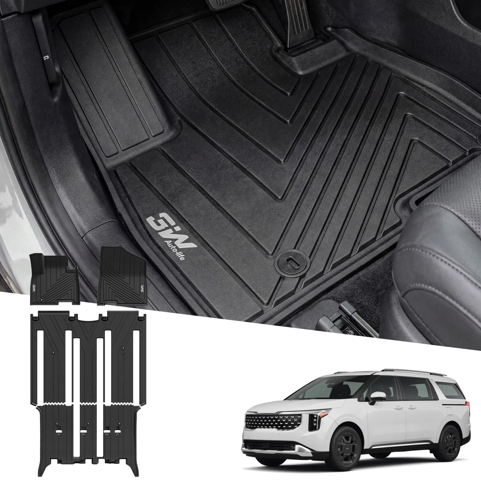 3W 1-3 Row Floor Mats for Kia Carnival Gasoline Model & 8-Seat 2022-2026, Custom Fit All Weather TPE Floor Liner Accessoires, Black