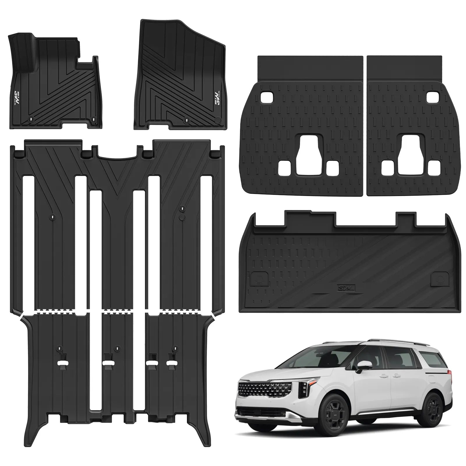 3W Floor Mats & Seatback Mats & Cargo Liner for Kia Carnival Gasoline Model & 8-Seat 2022-2026, Custom Fit All Weather TPE Full Set Floor Liner Trunk Mat with Backrest Mats Accessoires, Black