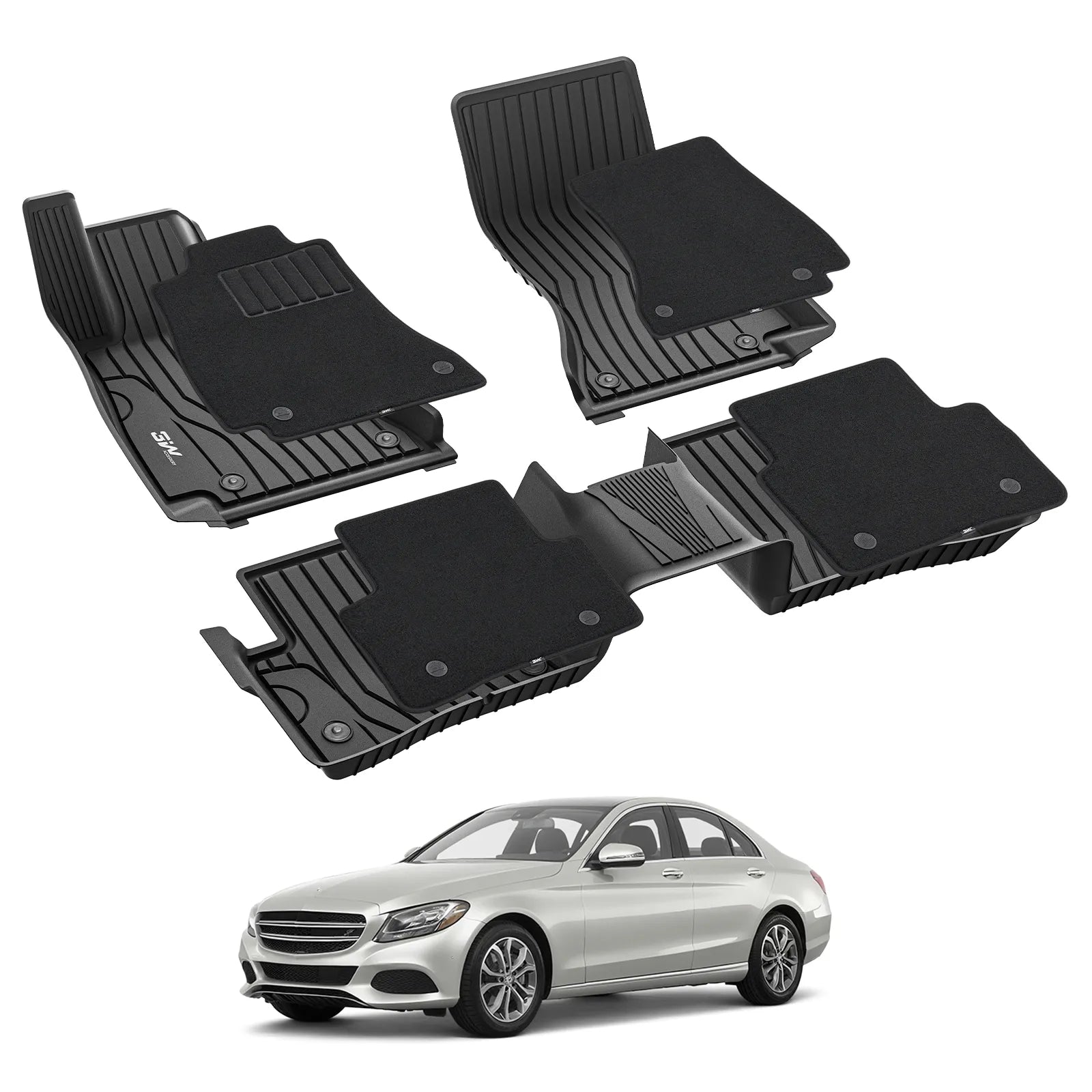 3W Mercedes-Benz C-Class 2015-2021 (for Sedan Only, Not Fit Convertible) Custom Floor Mats with Double Layer Carpet Thorex™ All-Weather Protection - 3Wliners