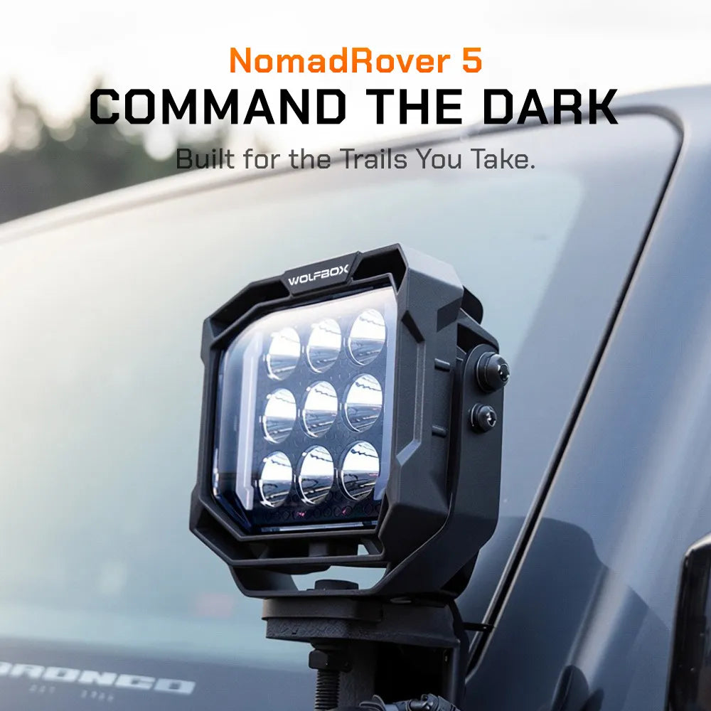 NomadRover 5" off-road LED pod mounted on vehicle A-pillar.