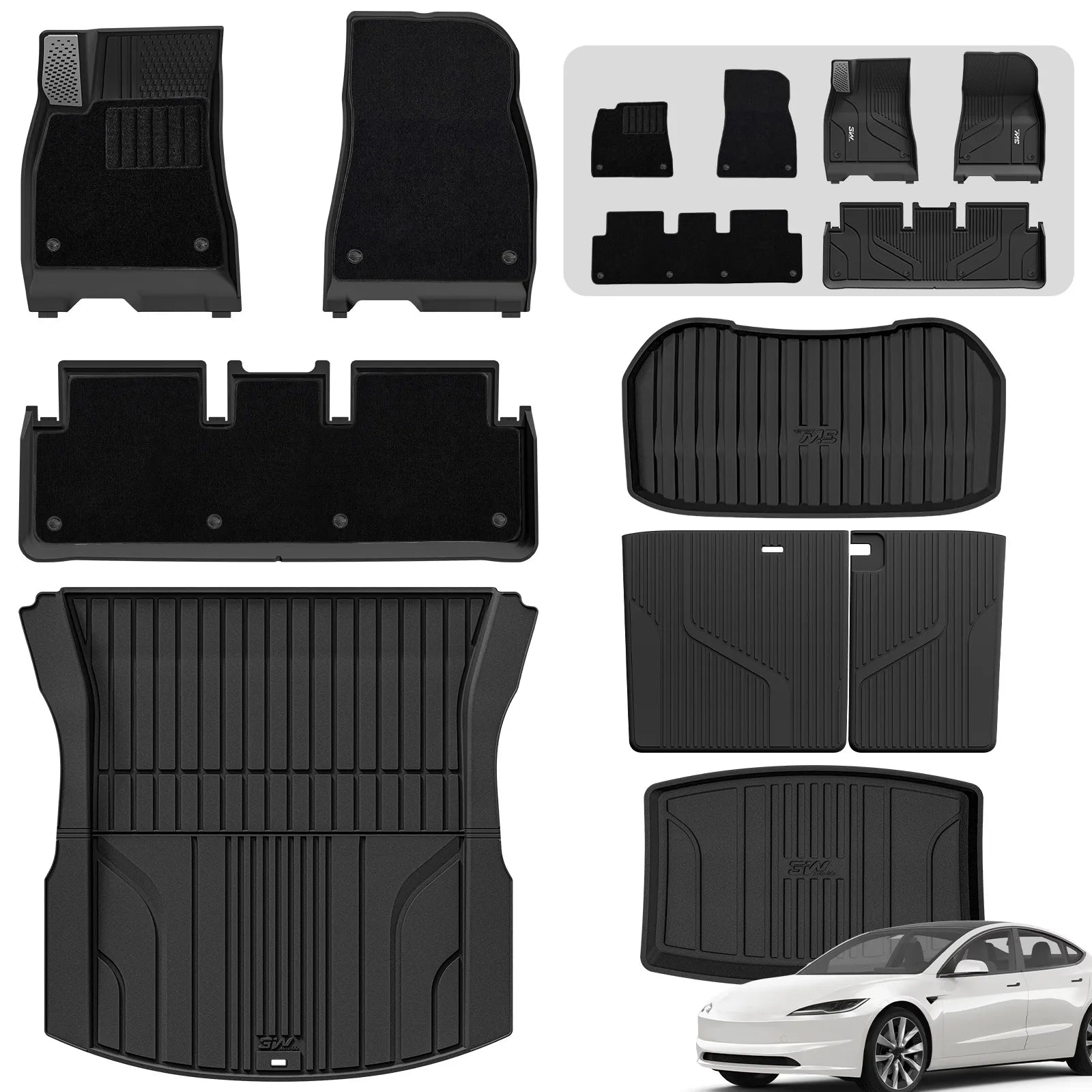 3W Tesla Model 3 Floor Mats 2026 2025 2024 with Metal Pedal & Carpets, Full Set with Cargo Liner, Highland All Weather Custom Fit Rear Trunk Mat Accessories Black