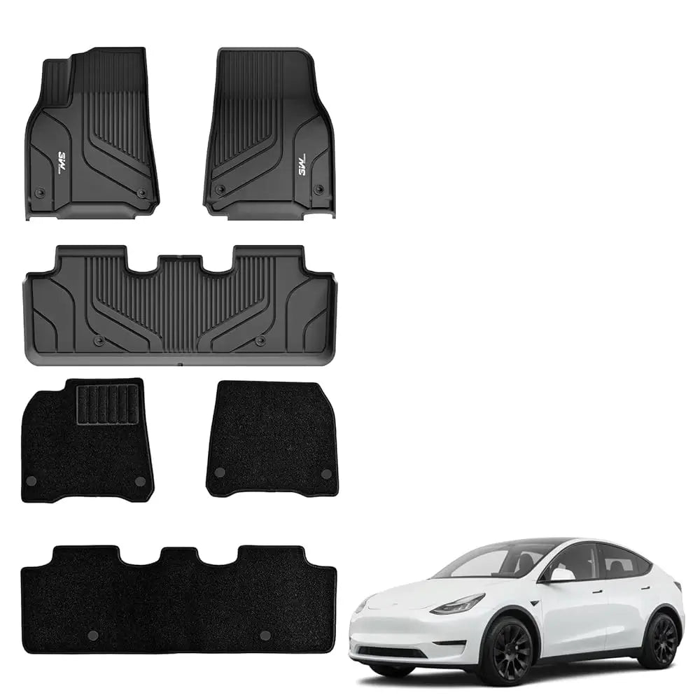 3W Tesla Model Y 2020-2024 Custom Floor Mats / Trunk Mats TPE Material & All-Weather Protection 5-Seater Vehicles & Parts 3Wliners 2020-2024 Model Y 2020-2024 1st&2nd Row with Carpets