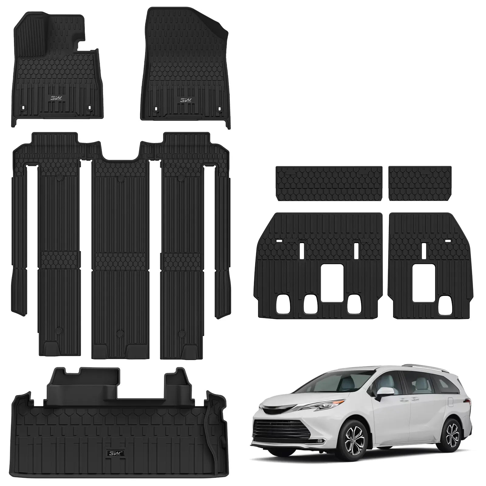 3W Floor Mats & Trunk Mat& Backrest Mats for Toyota Sienna 2021-2026 (Only for 7 Seat), TPE All Weather Custom Fit Floor Liner for Sienna 1st, 2nd and 3rd Row and Cargo Mat, Black, Car Accessories