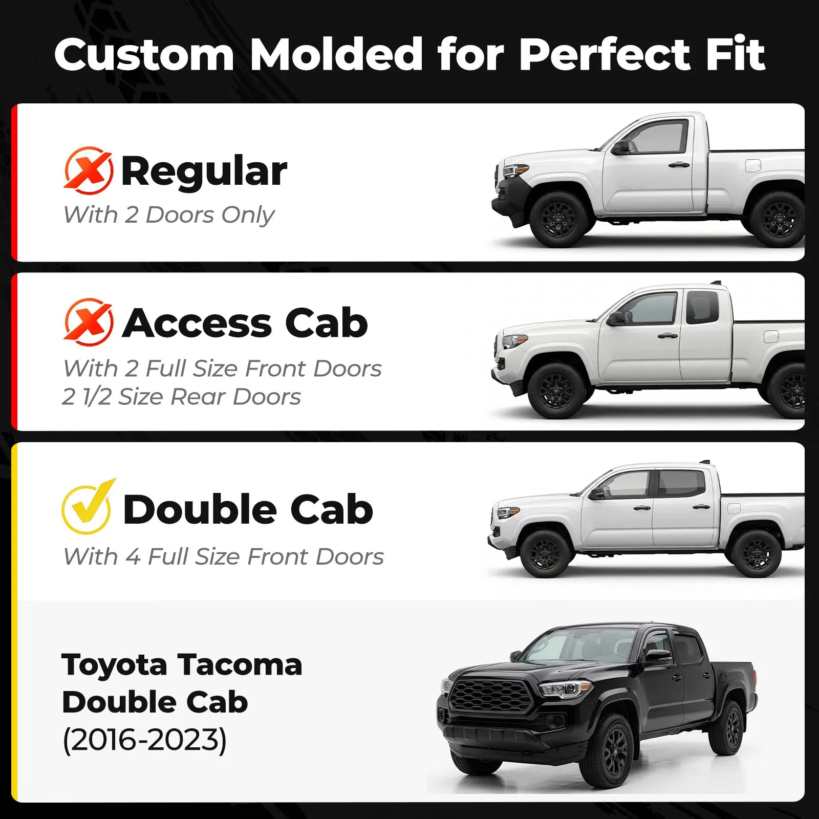 3W Custom Rain Guards for Toyota Tacoma Double Cab 2016-2023 Tape-on Side Window Wind Deflecotr 4PCS - 3Wliners