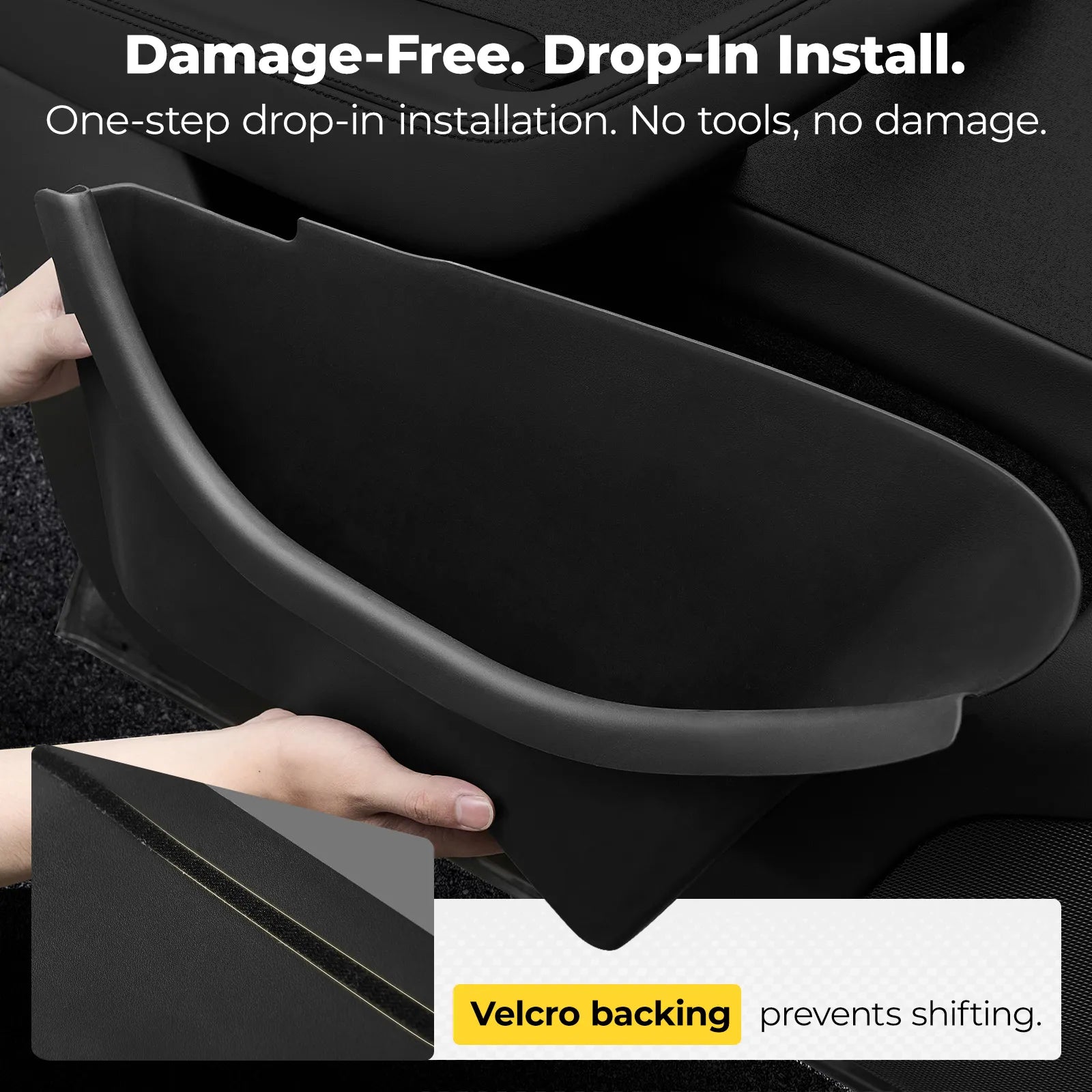 Damage-free drop-in installation of 3W door storage bins with premium velcro backing to prevent shifting inside Tesla Model Y side pocket