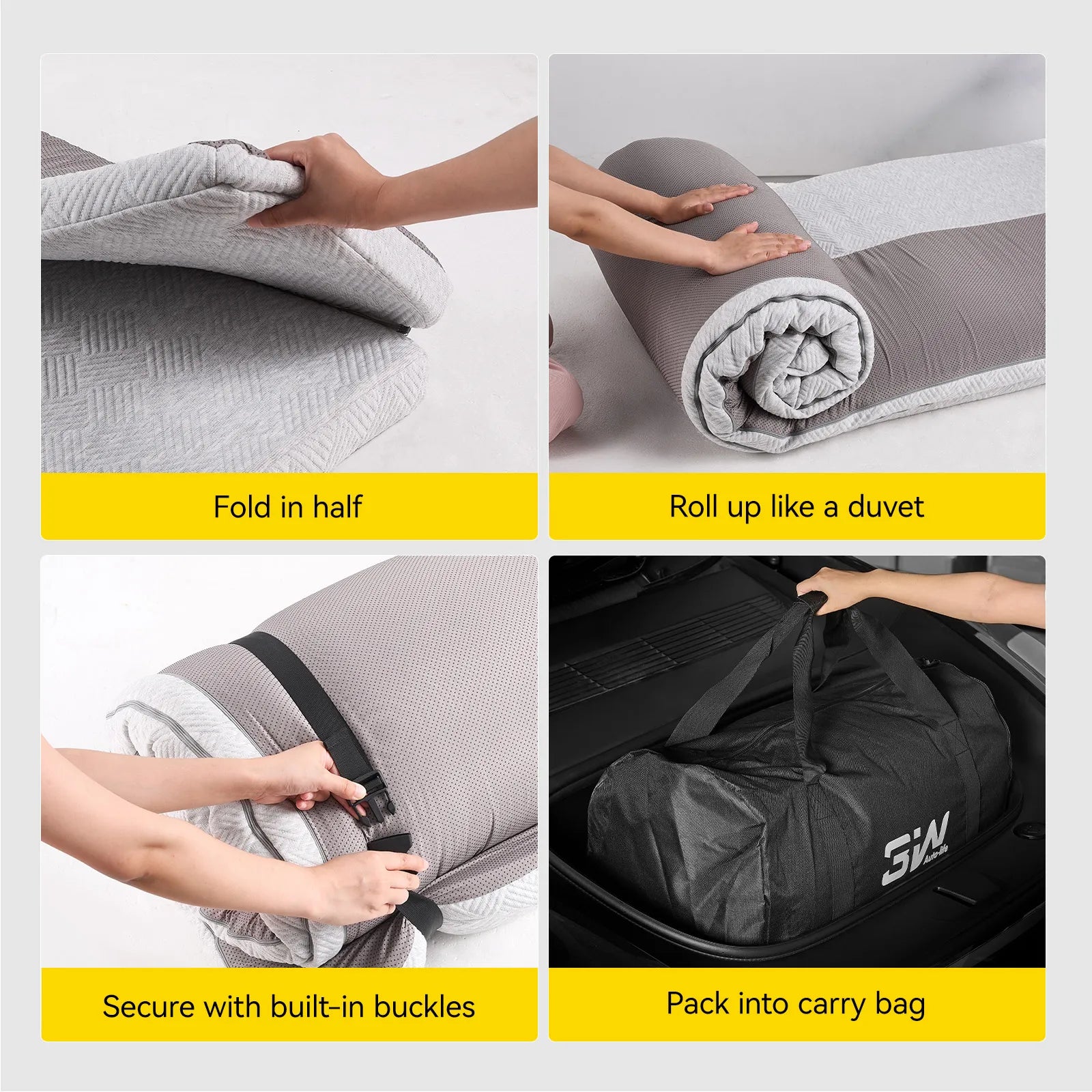 Step-by-step guide showing how to fold, roll up, buckle, and pack the 3W car sleeping pad into its compact storage travel bag for the Tesla trunk.