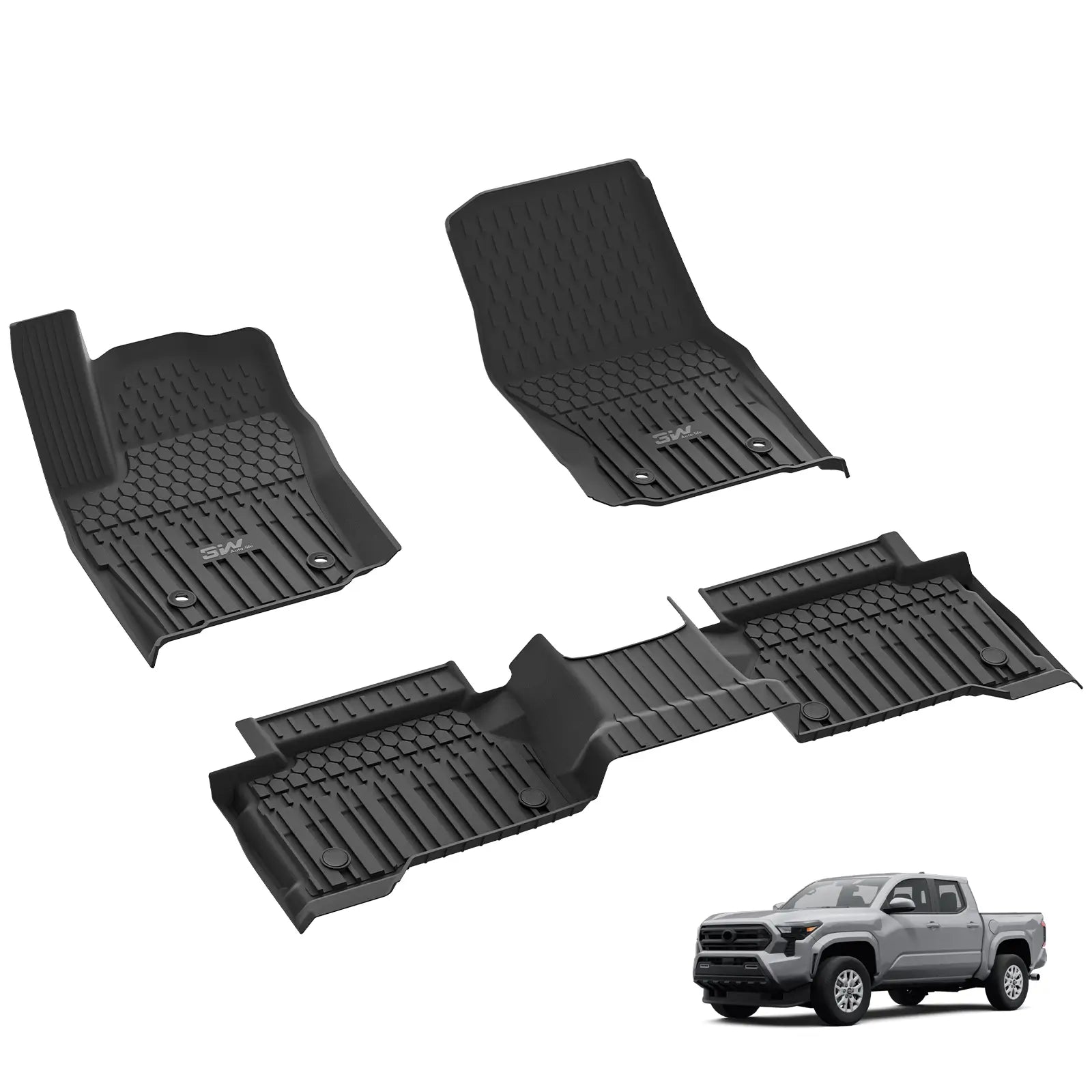 3W Toyota Tacoma 2024-2025 (Double Cab, Automatic Transmission) (Not for Hybrid) Floor Mats TPE All Weather Custom Fit 3Wliners