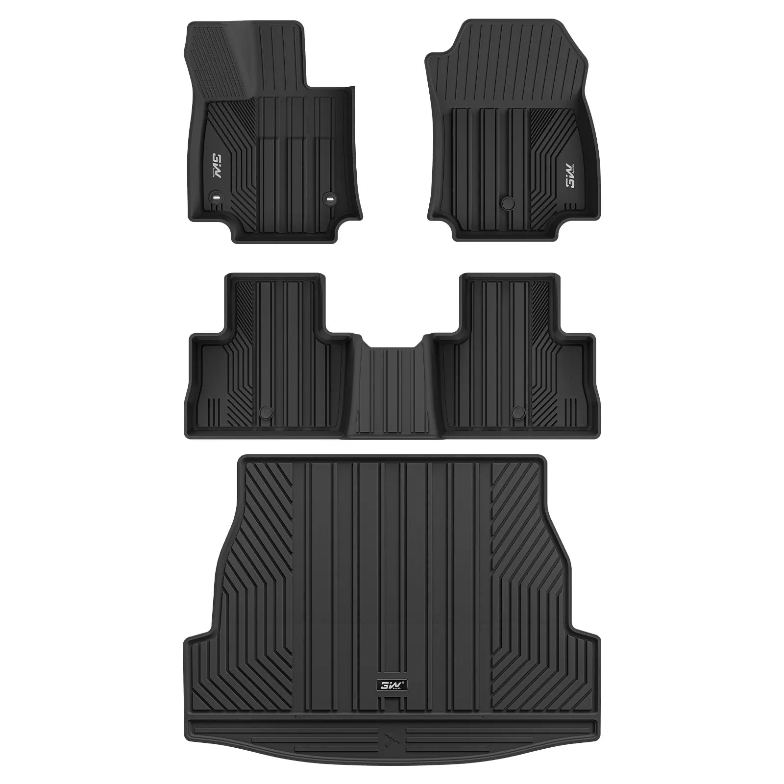 Complete 4-piece set of 3W custom-fit all-weather floor liners and trunk cargo mat for Toyota RAV4 Hybrid and Prime (2019-2025). Top-down view showing precise TPE molding and raised edges for front, rear, and cargo areas.