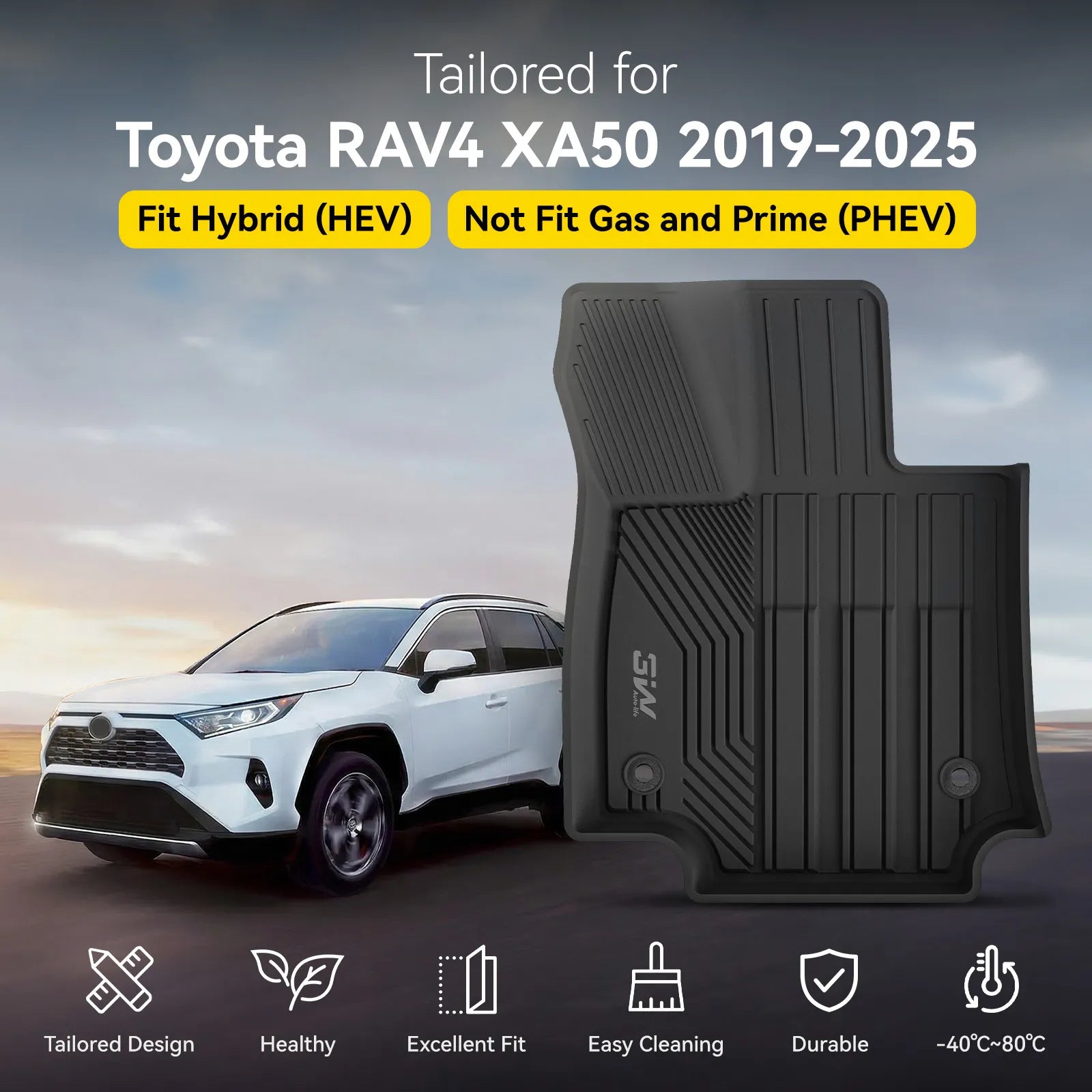 3W Custom-fit black floor mat tailored for Toyota RAV4 XA50 2019-2025 Hybrid (HEV) models, shown next to a white RAV4 SUV. Features durable, all-weather protection and easy cleaning. Note: Does not fit Gas or Prime (PHEV) models.