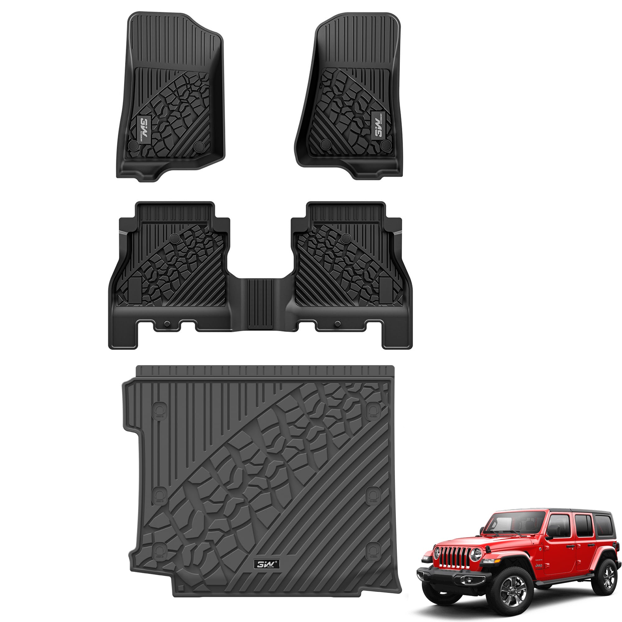 3W Jeep Wrangler JLU Custom Floor Mats or Trunk Mat 2018-2024 Unlimited 4-Door TPE Material & All-Weather Protection Vehicles & Parts 3Wliners 2018-2024 JL with Subwoofer 2018-2024 1st&2nd Row Mats+Trunk Mat