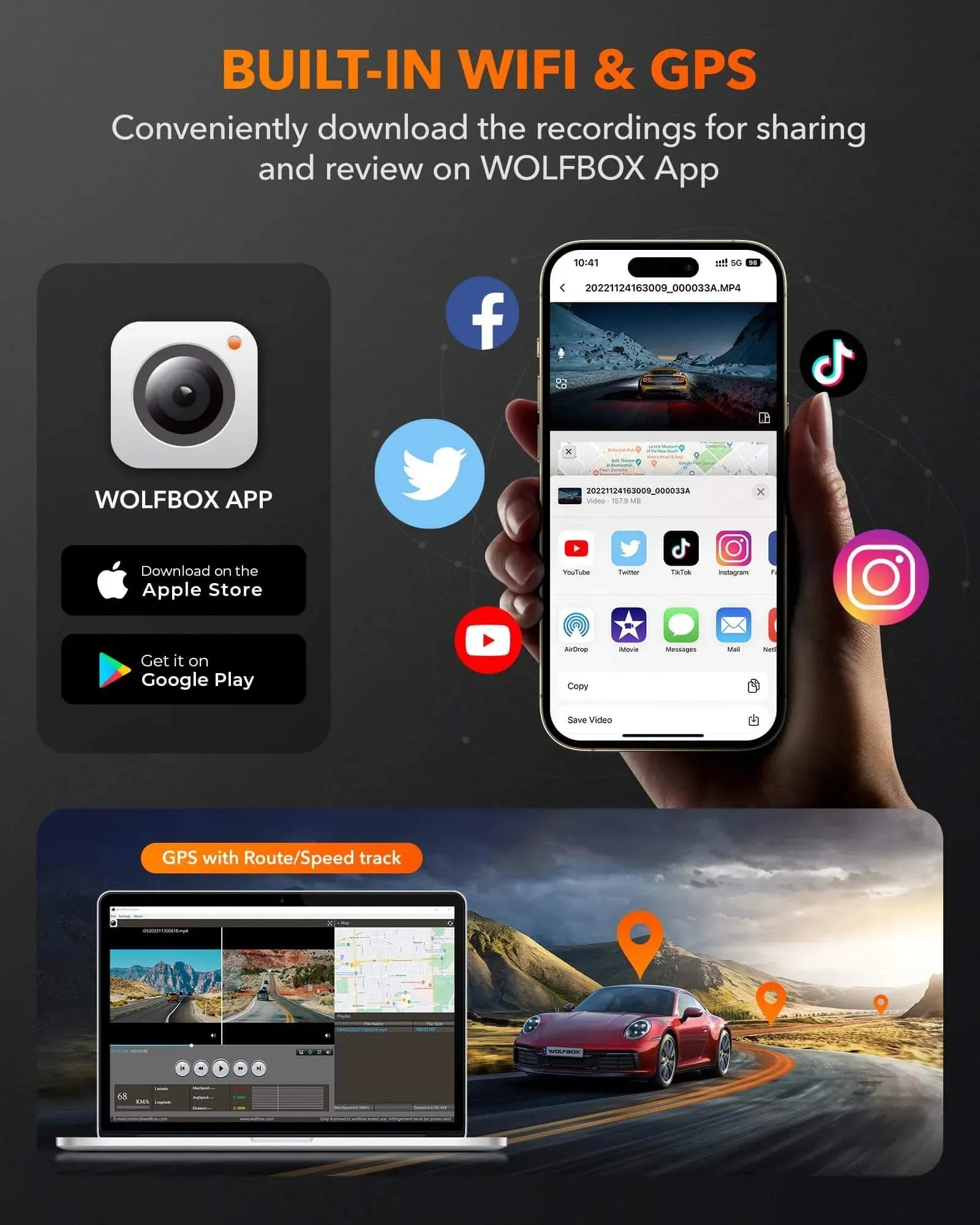 WOLFBOX G840H Wi-Fi Rear View Mirror Dash Cam camera WOLFBOX