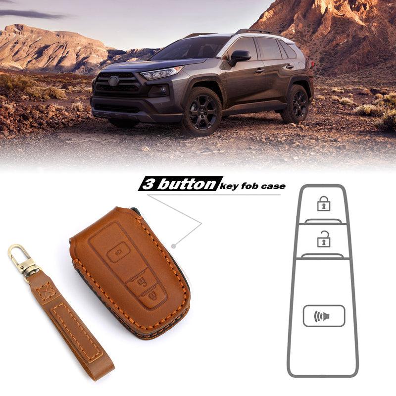 3W Toyota RAV4 Key Fob Cover Case 360 Degree Protection Genuine Leather with Keychain Vehicles & Parts 3Wliners RAV4 KC 3 Buttons Brown