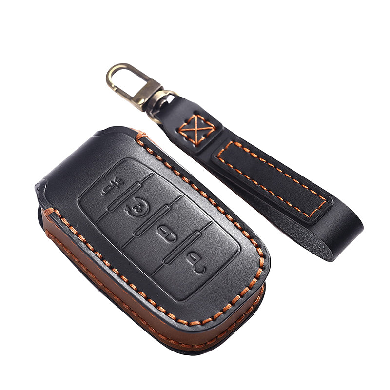 3W Key Fob Cover Case 4 Buttons for Dodge Ram Genuine Leather with Keychain 360° Protection