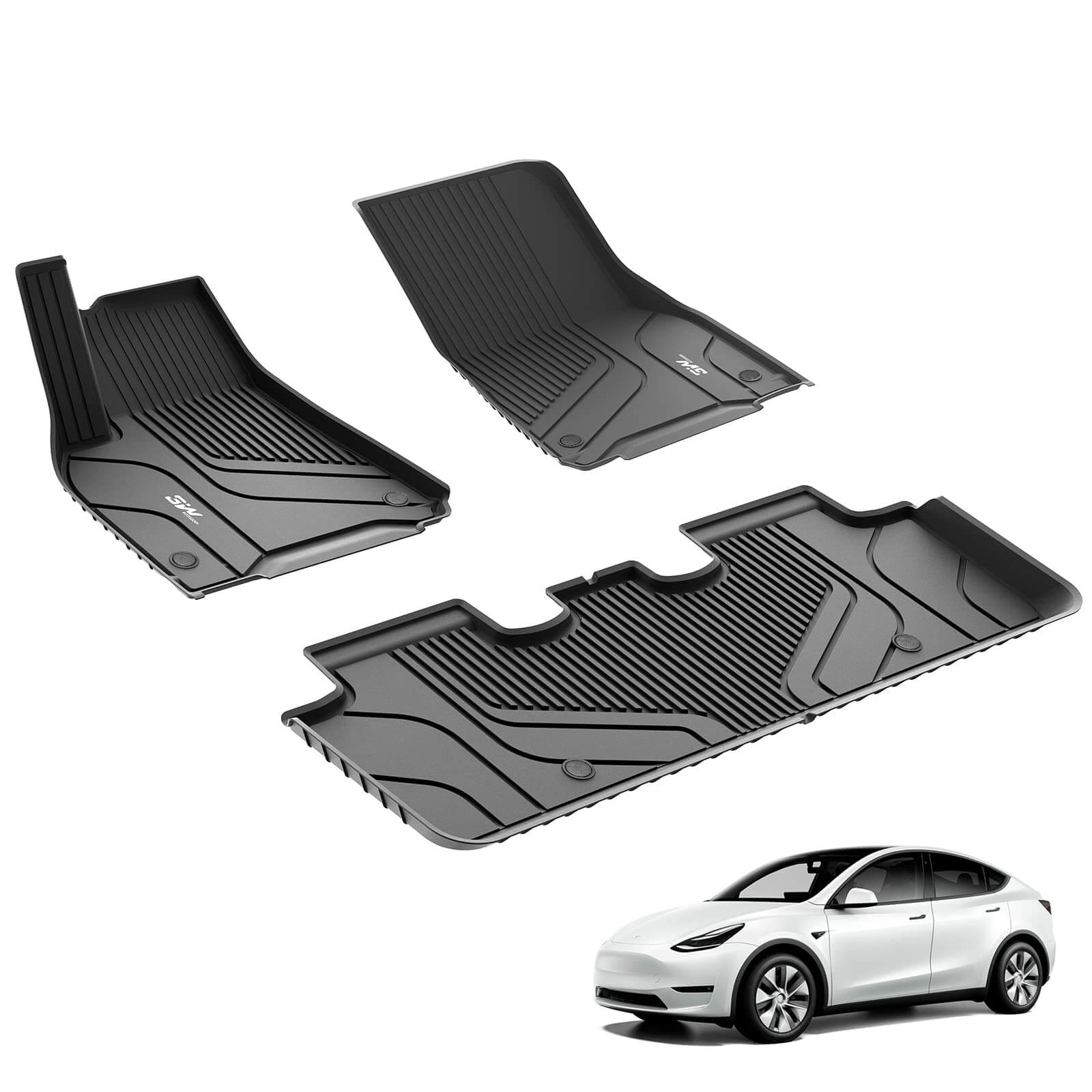 3W Tesla Model Y 2020-2024 Custom Floor Mats / Trunk Mats TPE Material & All-Weather Protection 5-Seater, 2020-2024 / Model Y 2020-2024 / 1st&2nd Row