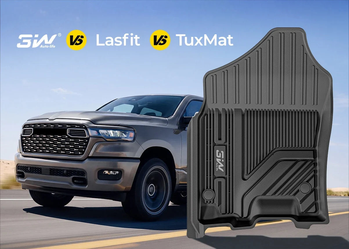 3W vs Lasfit vs TuxMat floor mat comparison with a 3W all weather truck floor liner