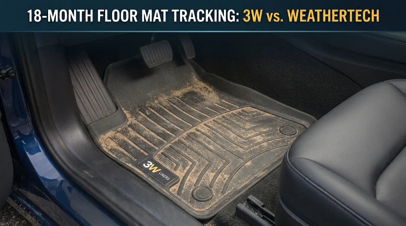 3W floor mat in a vehicle footwell after 18 months of use compared with WeatherTech durability
