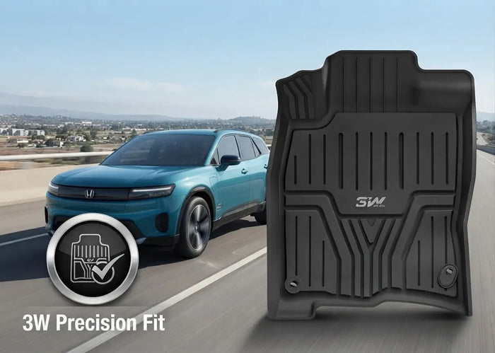 3W custom TPE floor mat next to a Honda Prologue electric SUV