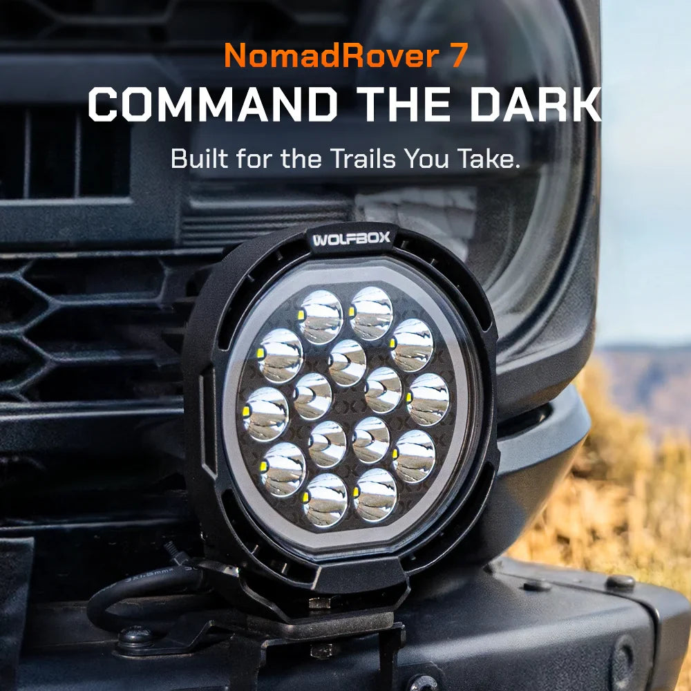 NomadRover 7" off-road LED pod mounted on vehicle A-pillar.