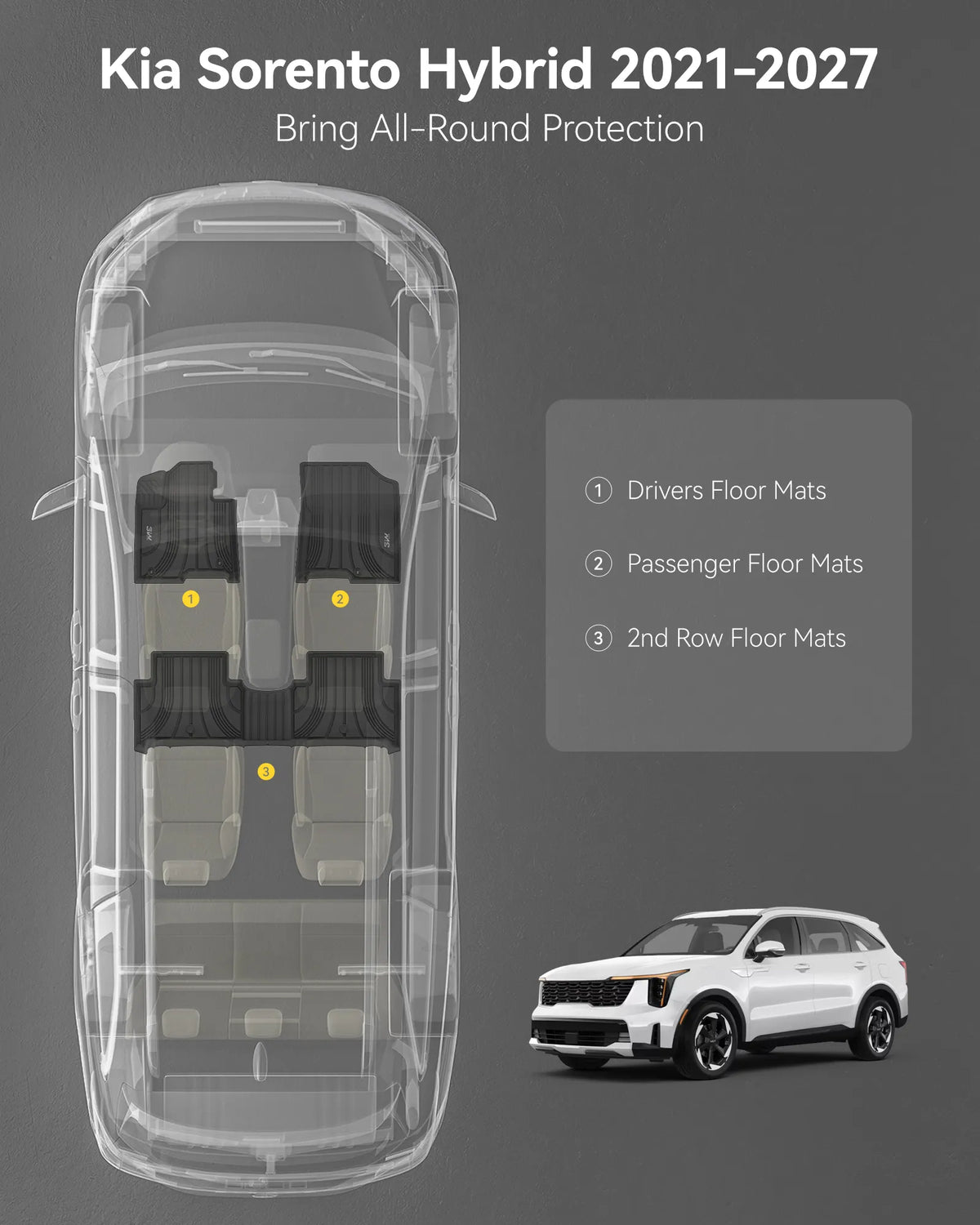 3W Kia Sorento 2021-2027 (Only fit Hybrid) Custom Floor Mats Thorex™ All-Weather Protection - 3Wliners