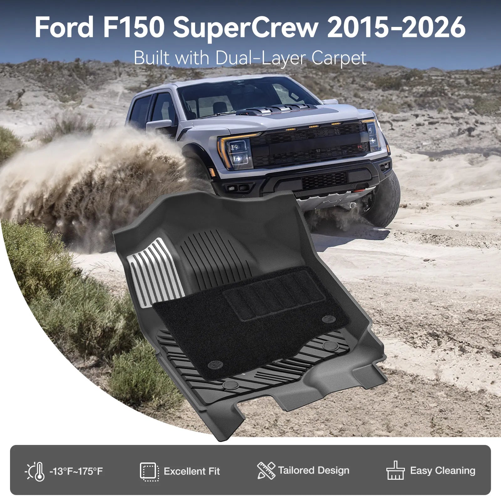 3W All-Weather Thorex™ Floor Mats Fit Ford F150 / F-150 Lightning SuperCrew Cab 2015-2026 (with Original Folding Under-Seat Storage Box) - 3Wliners