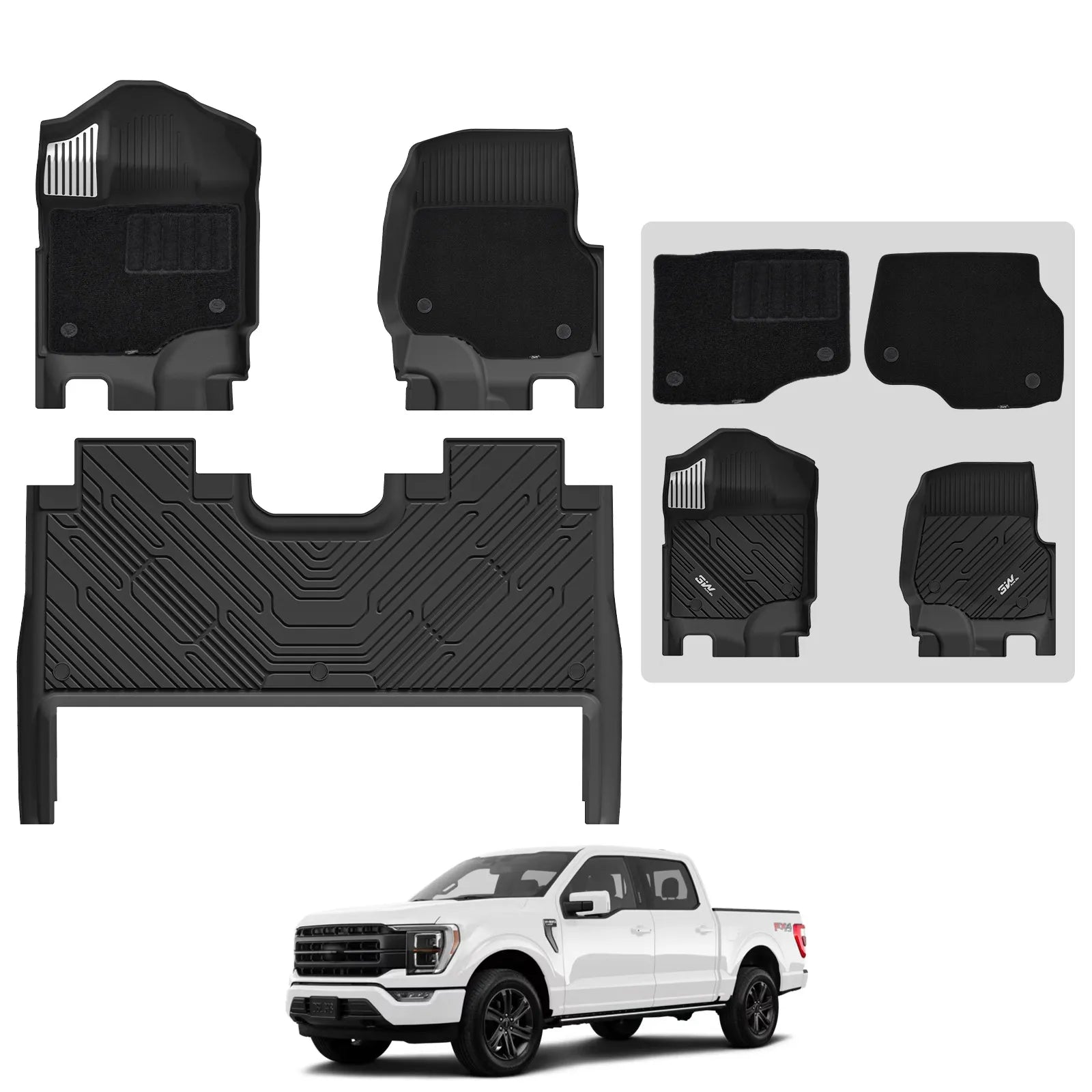 3W All-Weather Thorex™ Floor Mats Fit Ford F150 / F-150 Lightning SuperCrew Cab 2015-2026 (with Original Folding Under-Seat Storage Box)