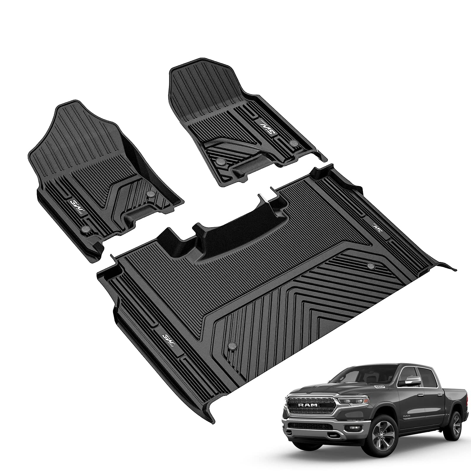 3W Dodge Ram 1500 2019-2023 (Not Quad cab) Without Storage Custom Floor Mats TPE Material & All-Weather Protection Vehicles & Parts 3Wliners 2019-2023 Ram 1500 2019-2023  With Underseat Storage 1st&2nd Row Mats