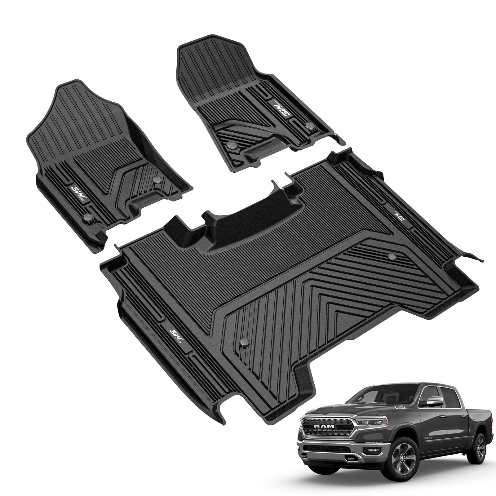 3W Dodge Ram 1500 2019-2024 New Body (NOT Classic Models) Custom Floor Mats TPE Material & All-Weather Protection Vehicles & Parts 3Wliners 2019-2024 Without Underseat Storage 1st&2nd Row Mats