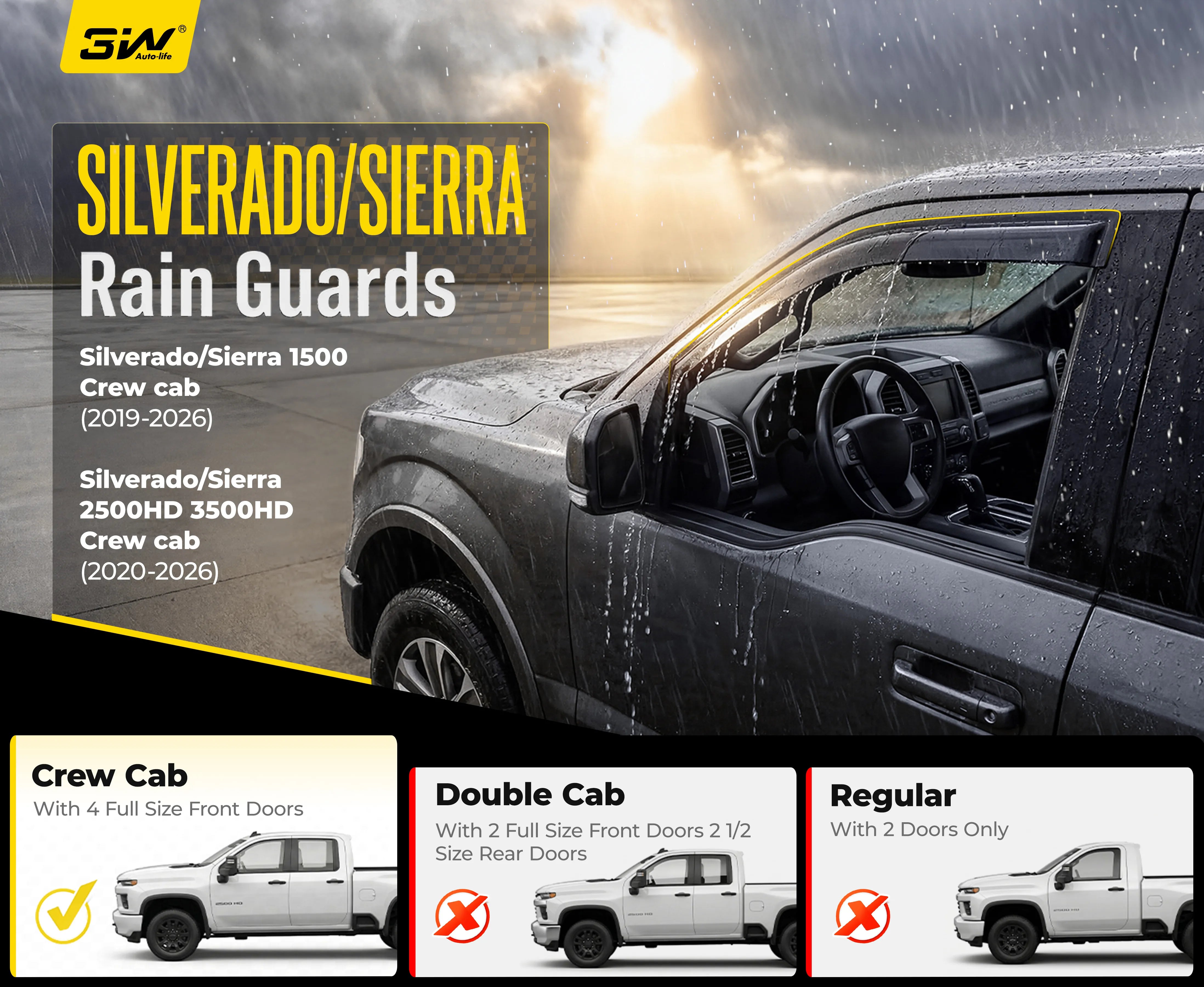 3W Custom Rain Guards for 2019-2026 Chevy Silverado/GMC Sierra Denali 1500, 2020-2026 GMC Sierra 2500HD/3500HD CrewCab Tape-on Side Window Wind Deflecotr 4PCS - 3Wliners