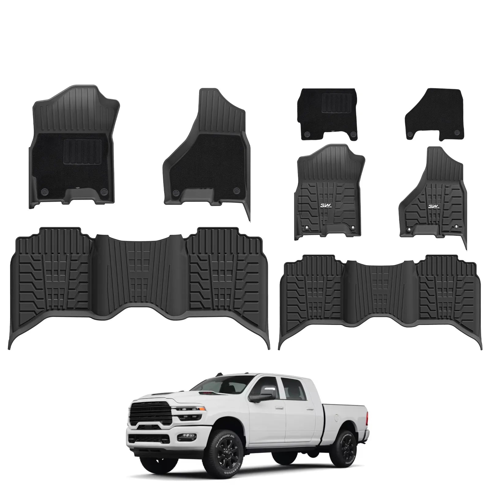 3W Floor Mats with Carpets for 2019-2025 2026 Ram 2500/3500 Crew Cab with Bucket Seat (Not for PTO KIT Models), All Weather TPE Floor Liners 1st & 2nd Row (for Carpet Floor), Black