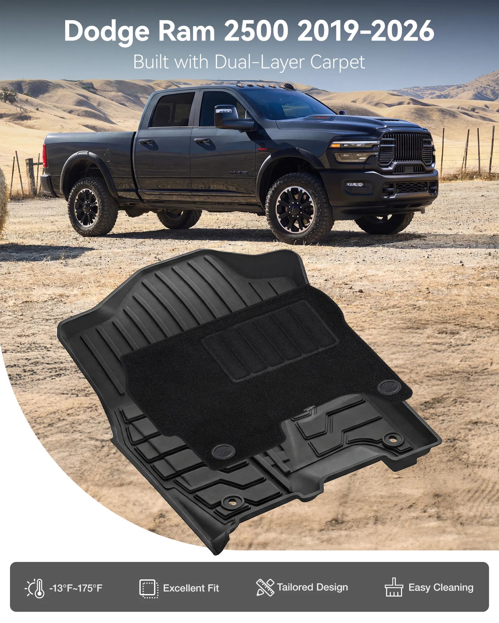 3W Custom Floor Mats for 2019-2026 Ram 2500/3500 Crew Cab with Bucket Seats (Not for PTO KIT Models & Only for Carpet Floor) Thorex™ All-Weather Protection - 3Wliners